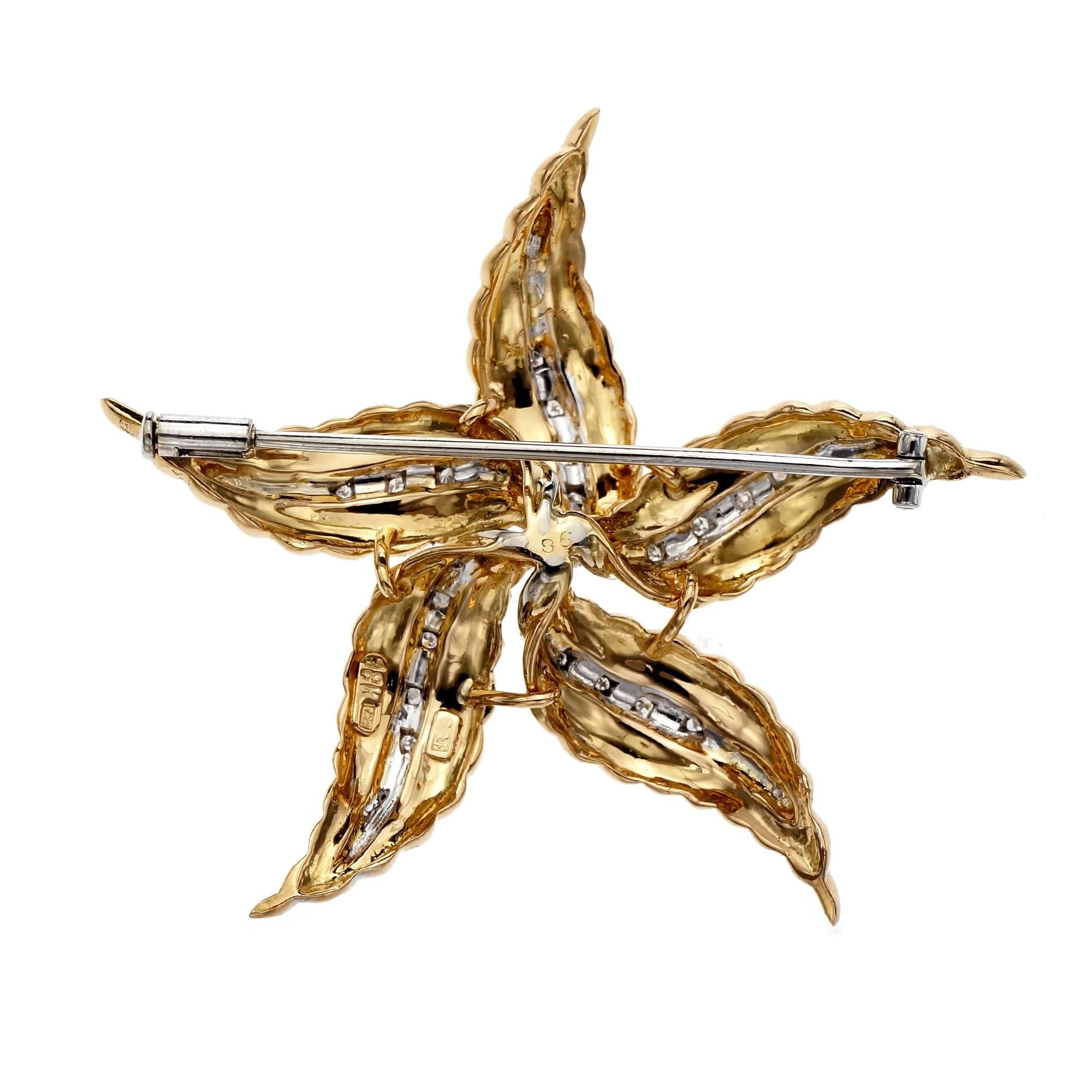 Spitzer & Furman Diamond Gold Textured Star Brooch In Good Condition For Sale In Stamford, CT