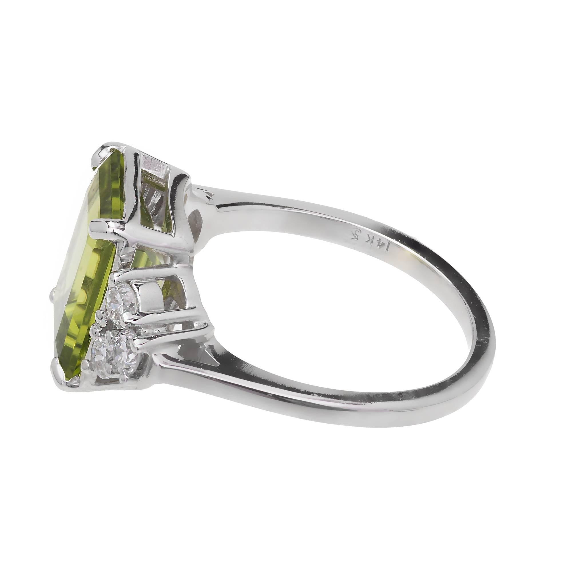 Emerald Cut 3.93 Carat Peridot Diamond Gold Engagement Ring