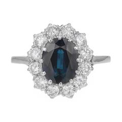 GIA Certified 3.07 Carat Blue Sapphire Diamond Halo Gold Engagement Ring 1
