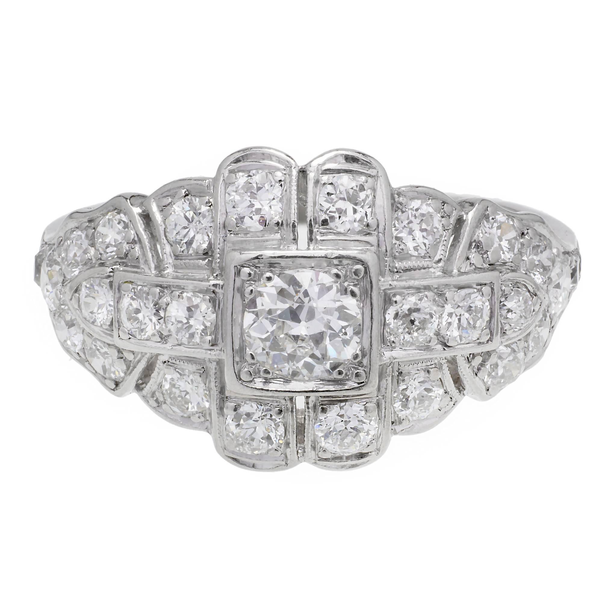 Art Deco .31 Carat Diamond Platinum Dome Engagement Ring