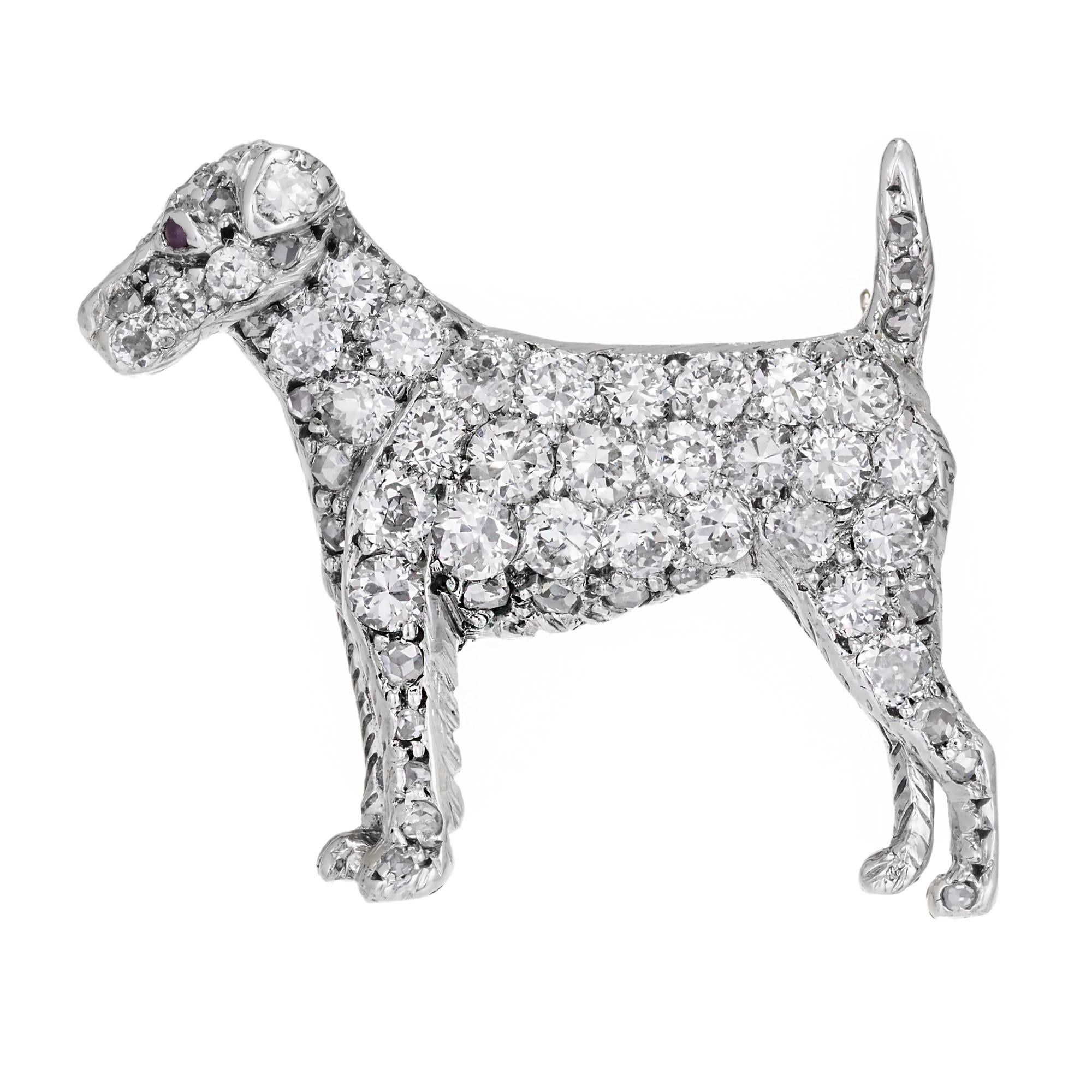  1.24 Carat Pave Diamond Ruby Gold Pointer Dog Brooch For Sale