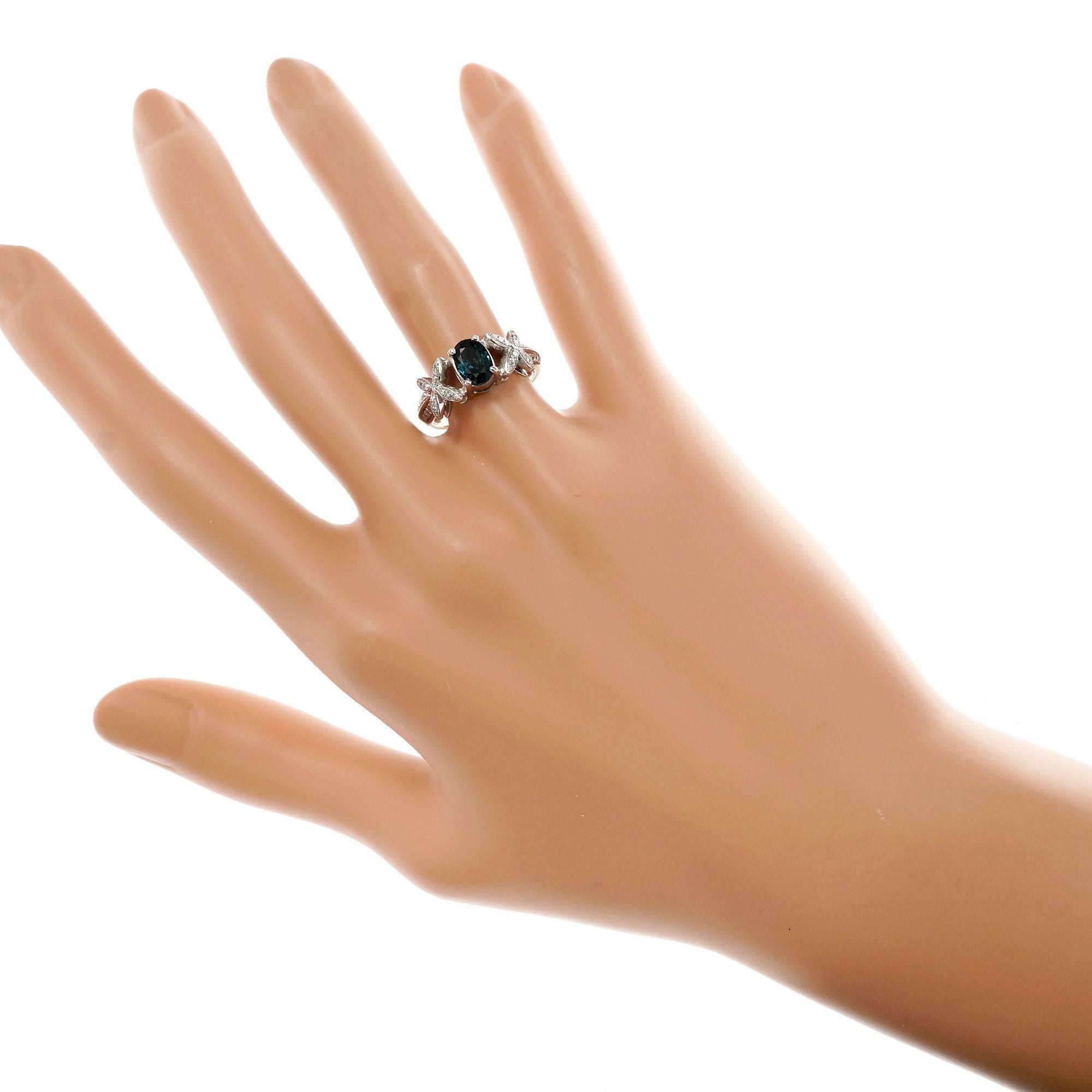 1.00 Carat Blue Sapphire Diamond White Gold X Design Engagement Ring 2