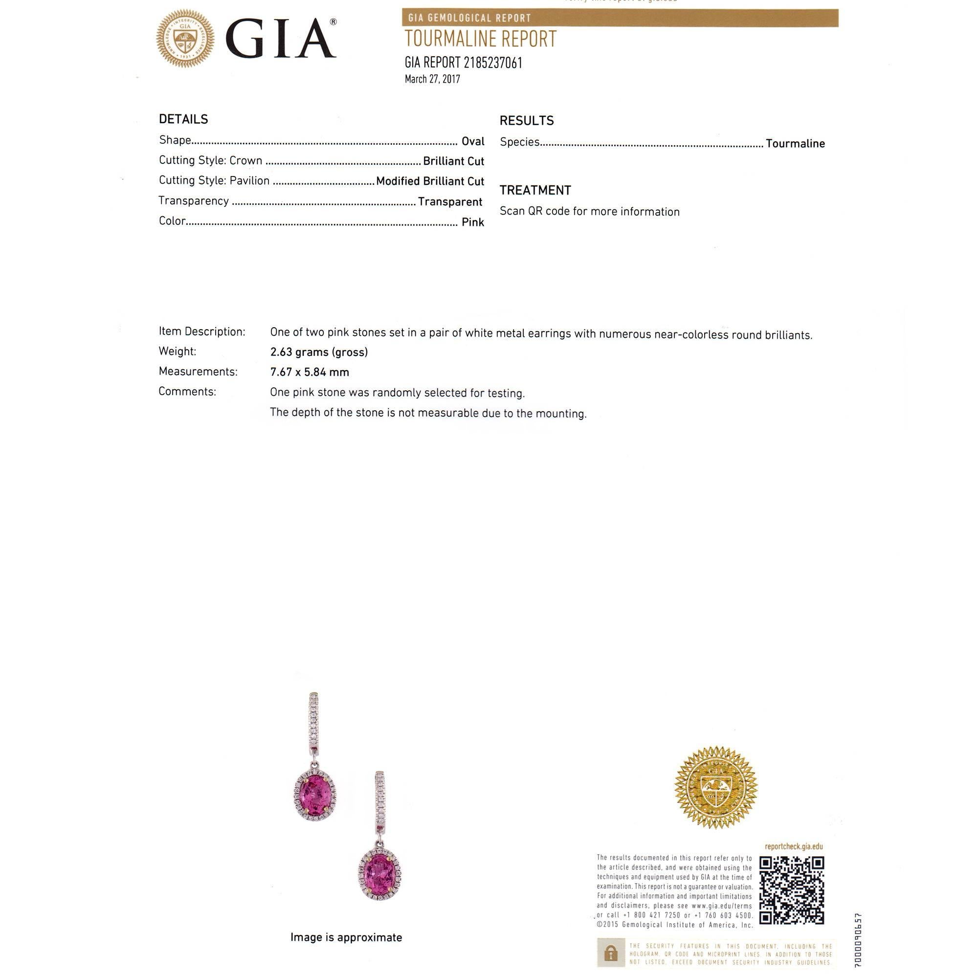Women's GIA Certified Pink Tourmaline Diamond Halo Gold Dangle Earrings