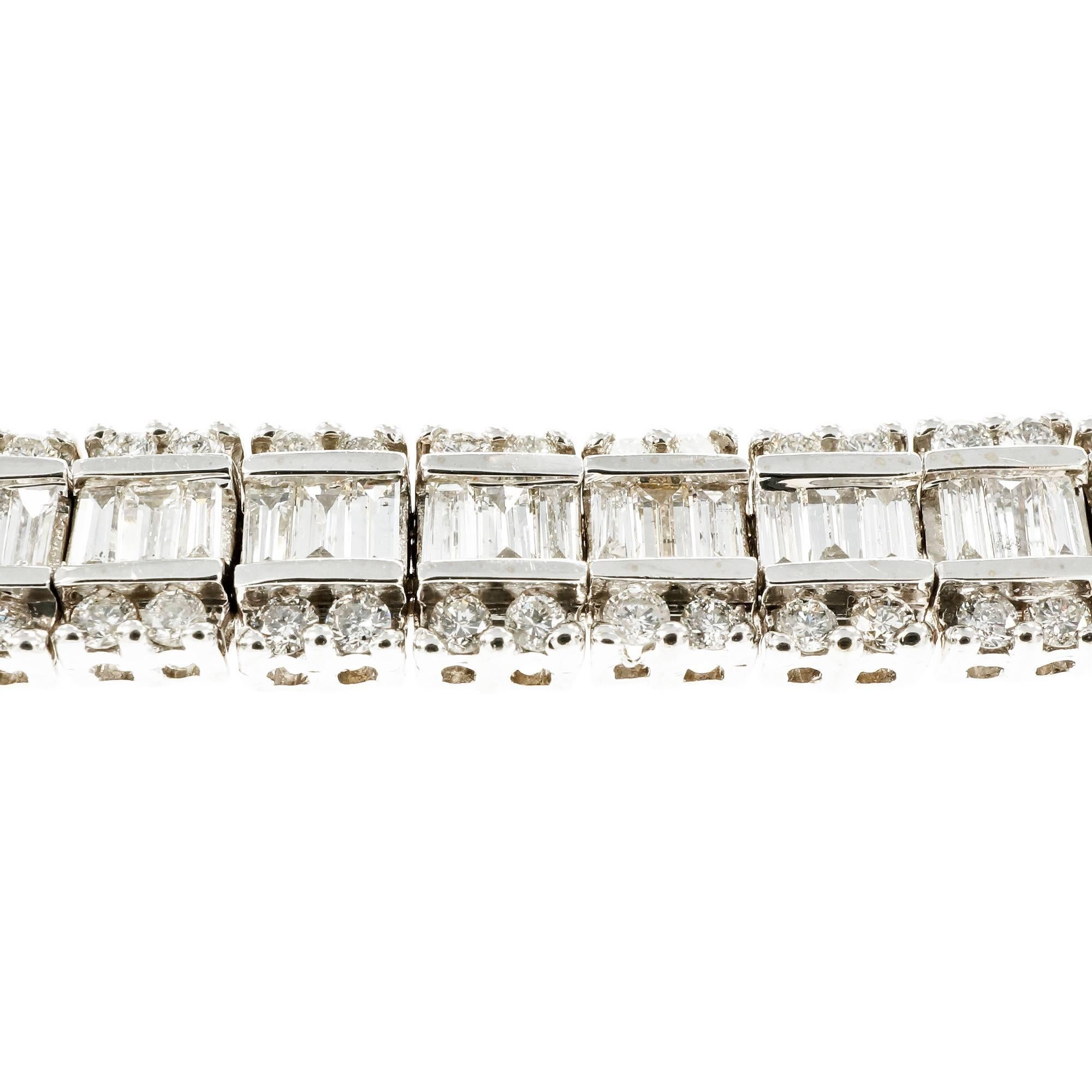 Round Baguette Diamond Gold estate bracelet with baguette and round Diamonds.  

152 round Diamonds, approx. total weight 1.75cts, H, SI 
114 straight cut Diamond baguettes, approx. total weight 3.42cts, H – I, SI1 – I1 
14k white gold 
21.8 grams