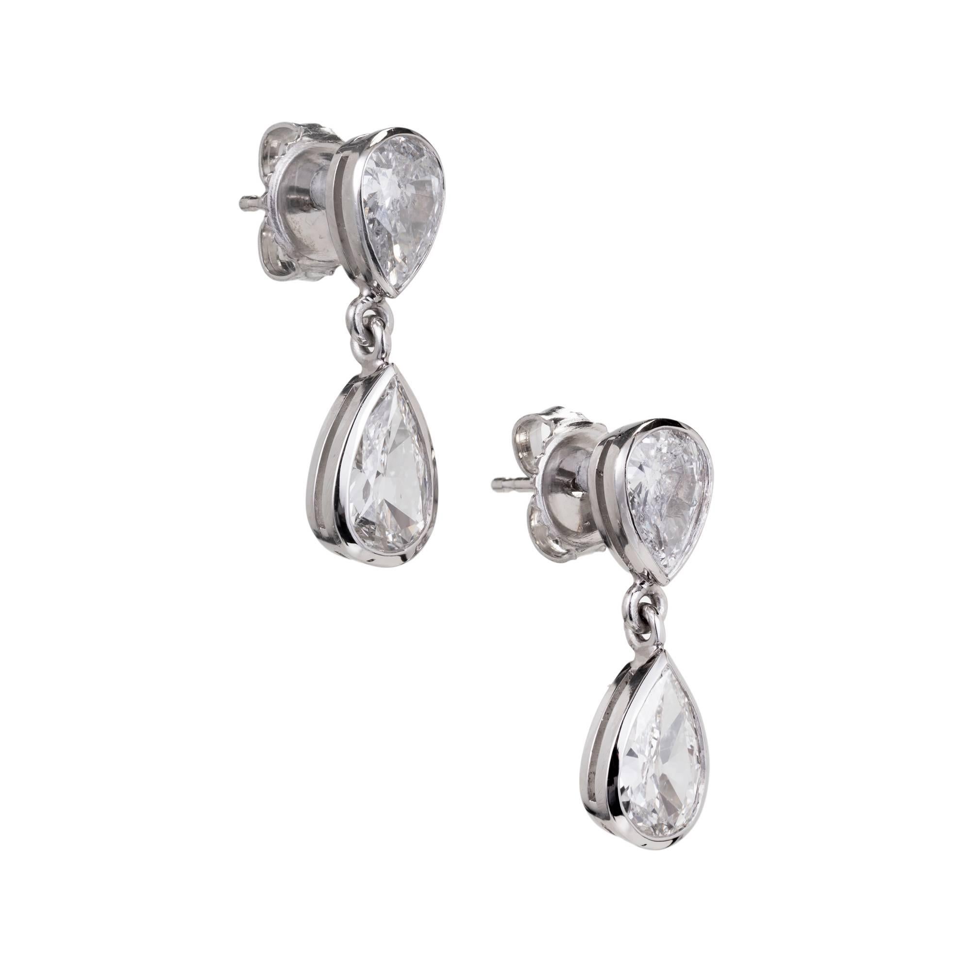 Peter Suchy Pear Shaped Diamond Platinum Bezel Dangle Earrings 1