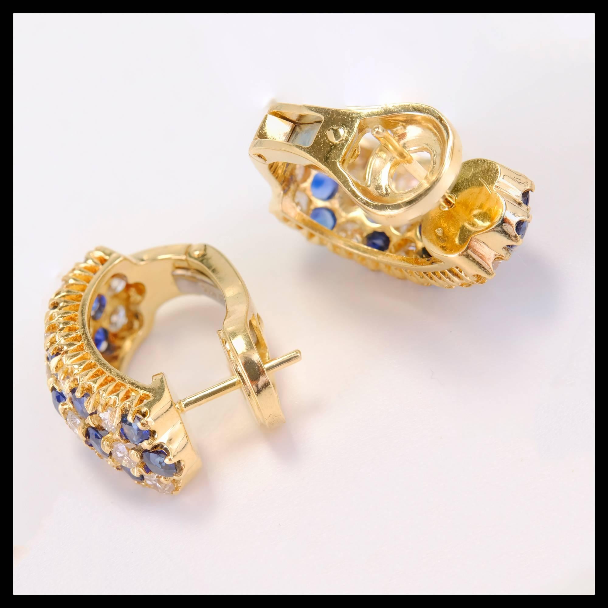 Dreireihige Saphir-Diamant-Gold-Ohrringe mit Hebelverschluss Damen im Angebot