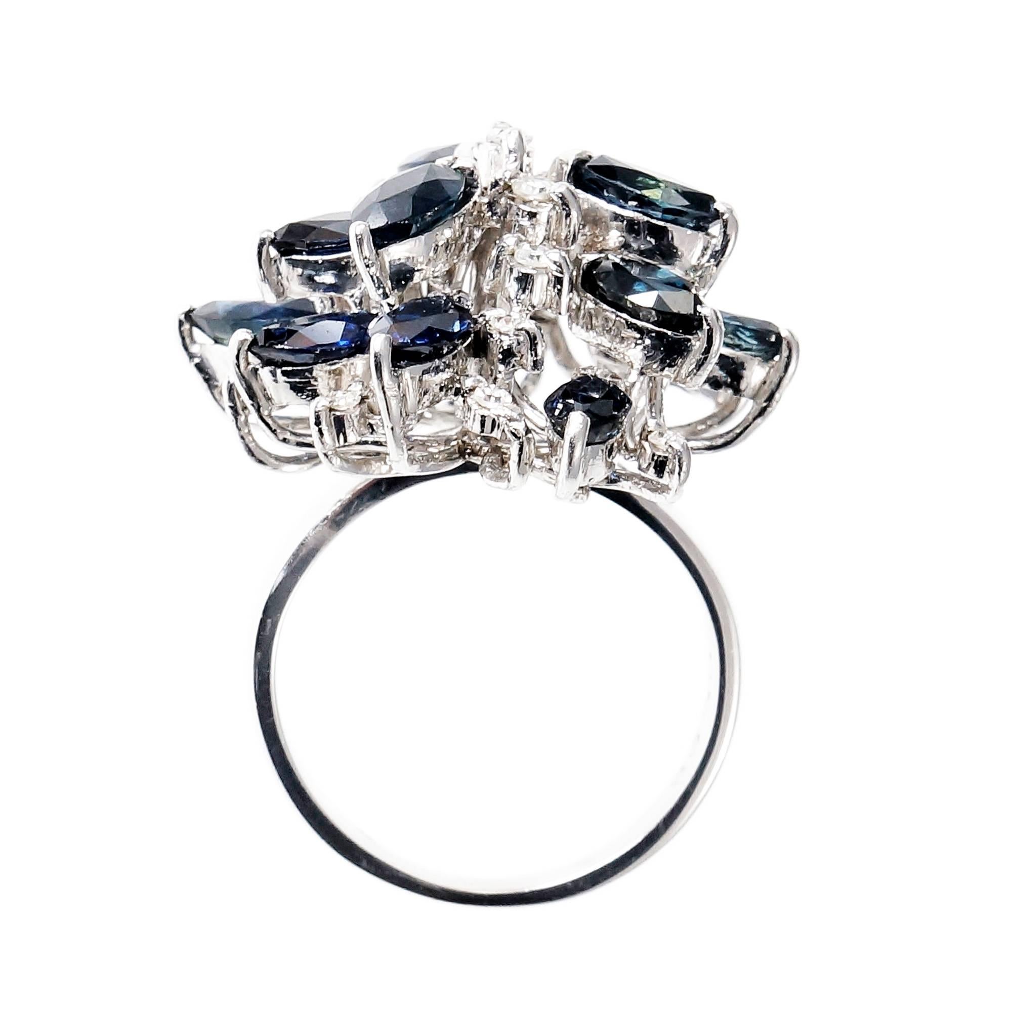 Marquise Cut Marquise Sapphire Diamond Dome Gold Cluster Cocktail Ring