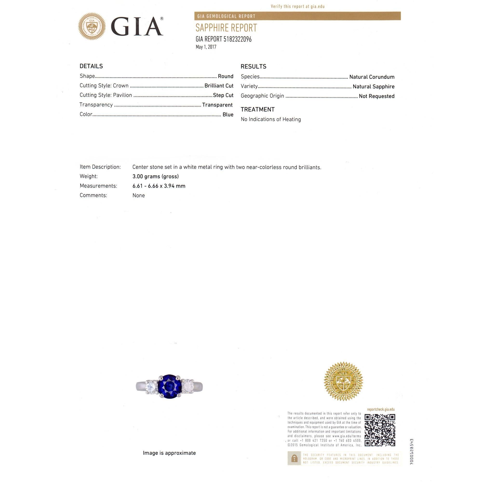 Verlobungsring mit drei Steinen, GIA-zertifizierter 1,74 Karat Saphir und Diamant in Gold im Angebot 2