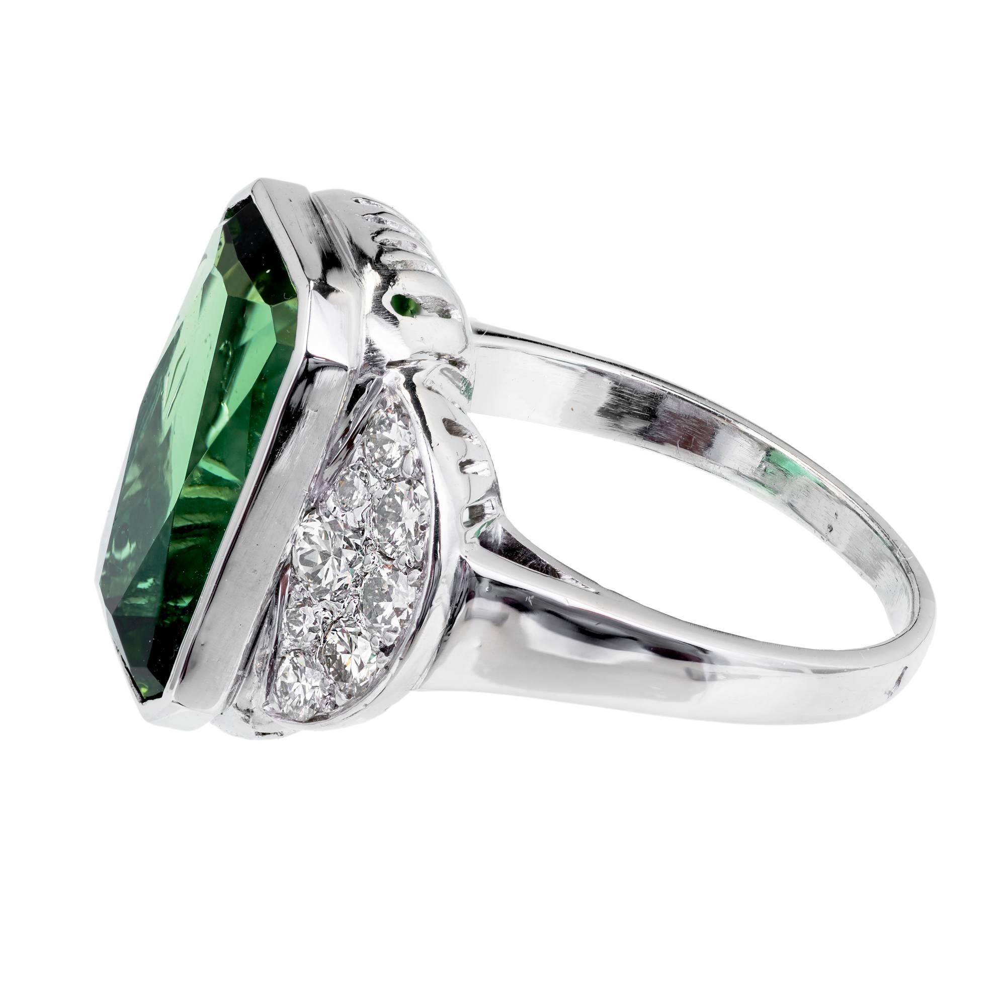 Octagon Cut 7.46 Carat Green Tourmaline Pavé Diamond Platinum Cocktail Ring For Sale