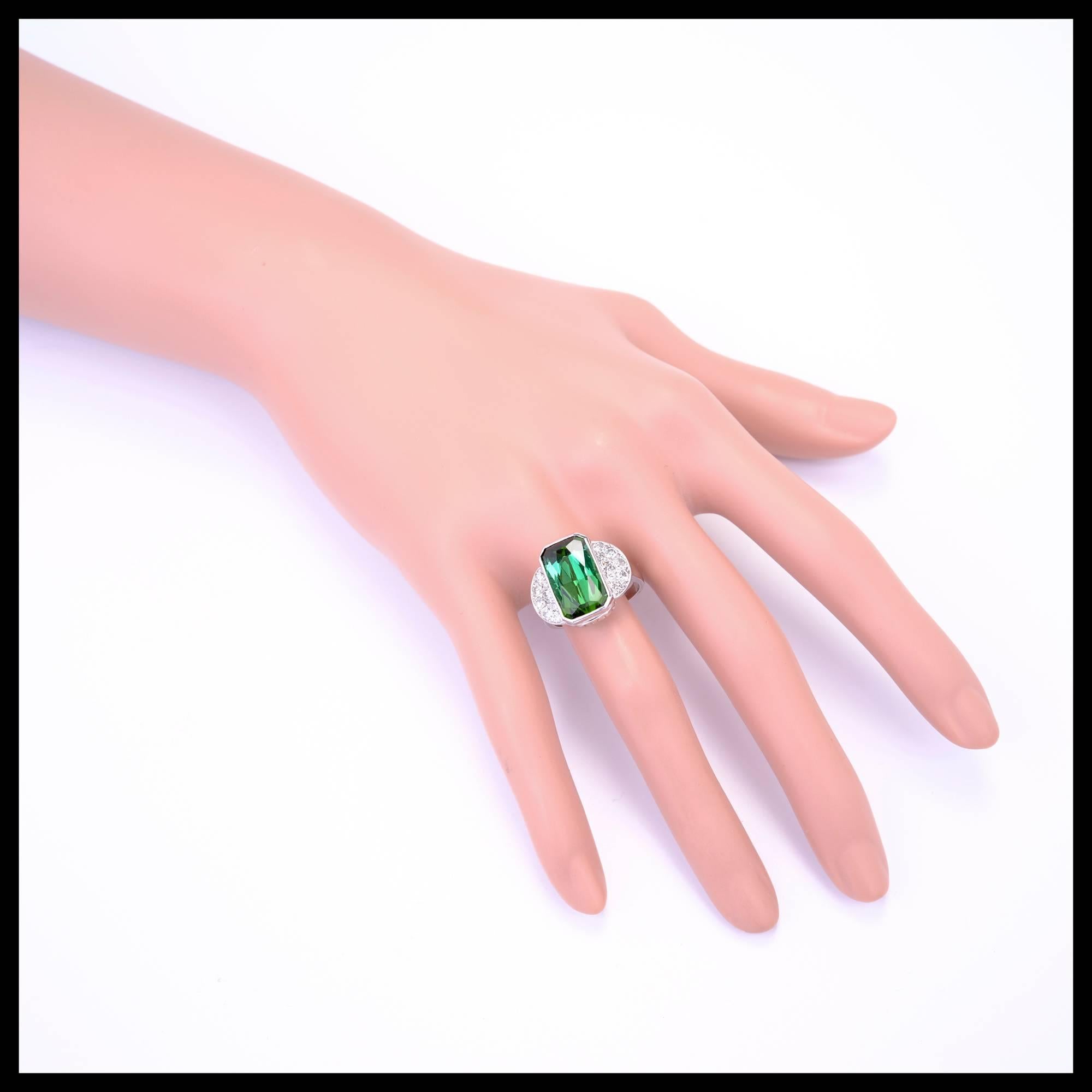 7.46 Carat Green Tourmaline Pavé Diamond Platinum Cocktail Ring For Sale 1