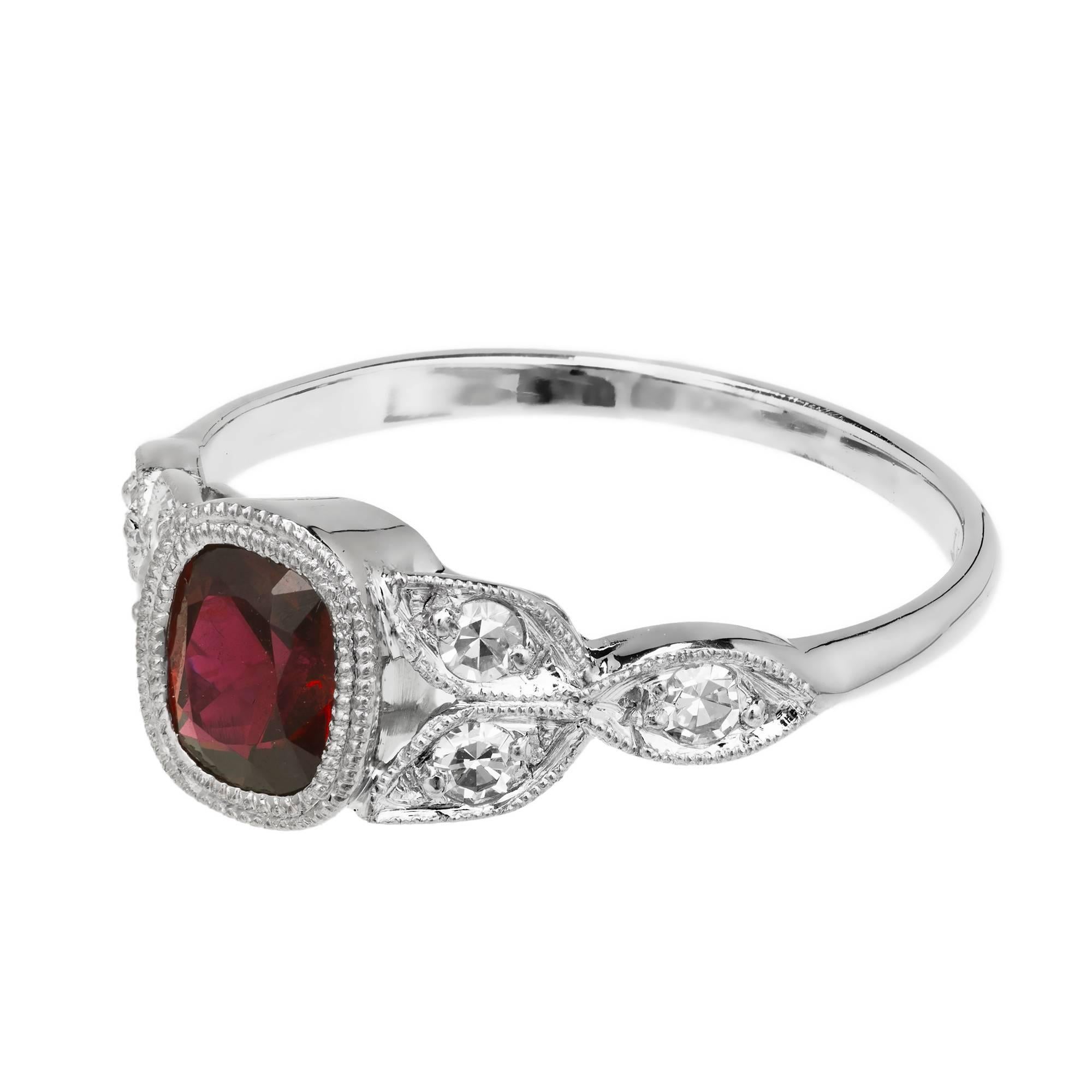 Vintage 1930's ruby and diamond engagement ring. GIA certified cushion cut natural Ruby no heat no enhancements, in a platinum setting with six round accent diamonds. 

1 cushion vivid red Ruby, approx. total weight .66cts, 5.76 x 4.90x 3.23mm,