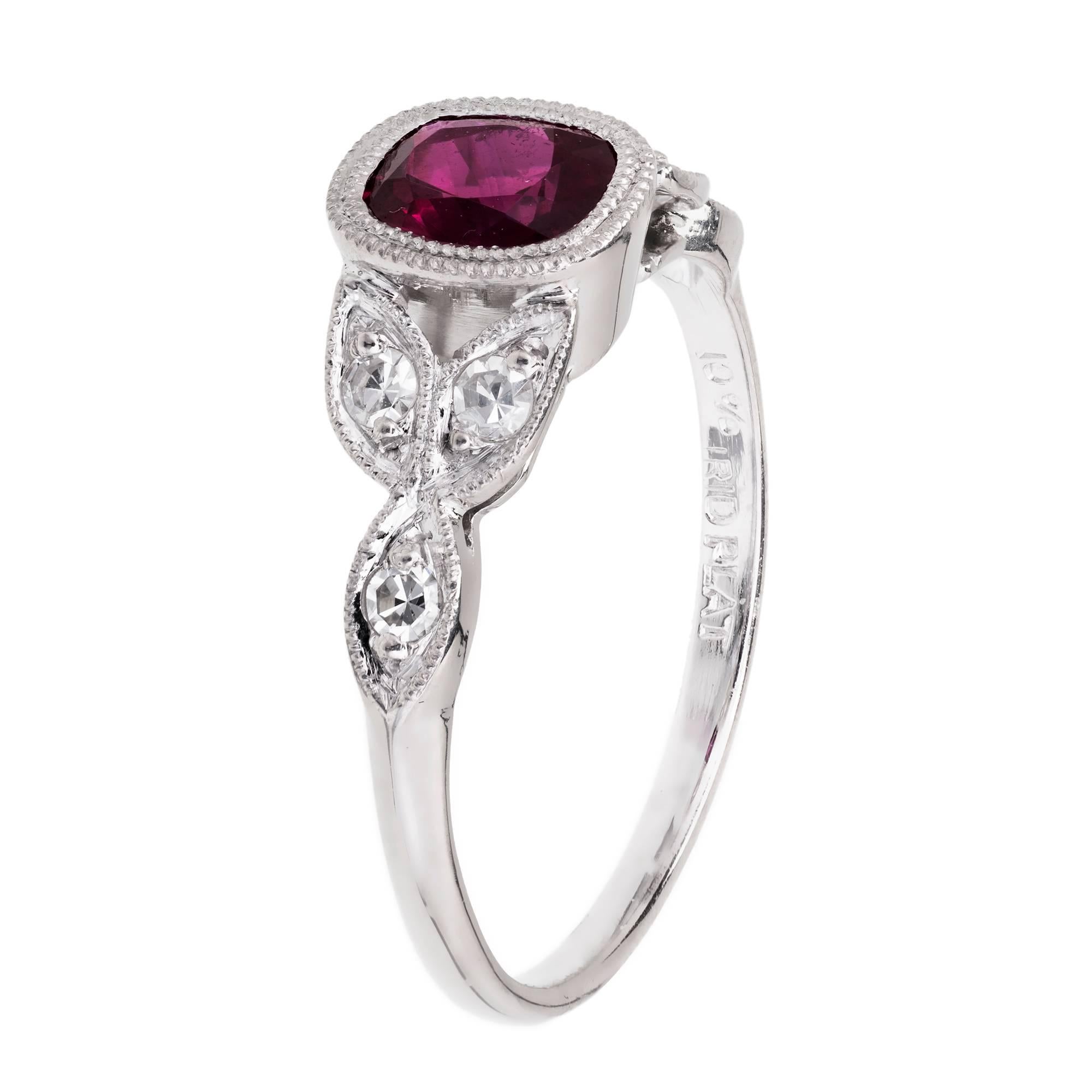 Cushion Cut GIA Certified .66 Carat Ruby Diamond Art Deco Platinum Engagement Ring