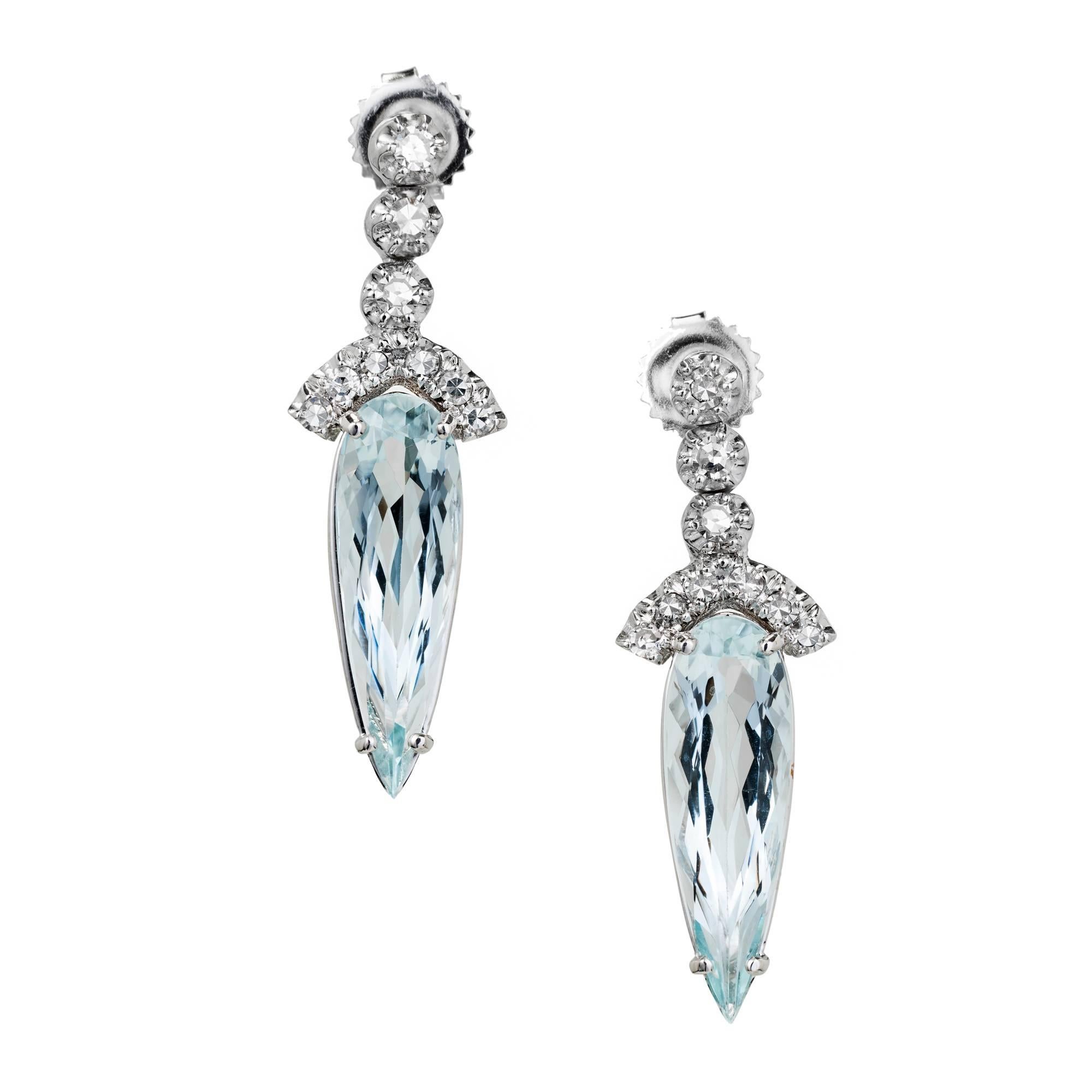 10.00 Carat Pear Shaped Aquamarine Diamond Gold Dangle Drop Earrings
