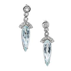 Pear Shaped Aquamarine Diamond Gold Dangle Drop Earrings 2