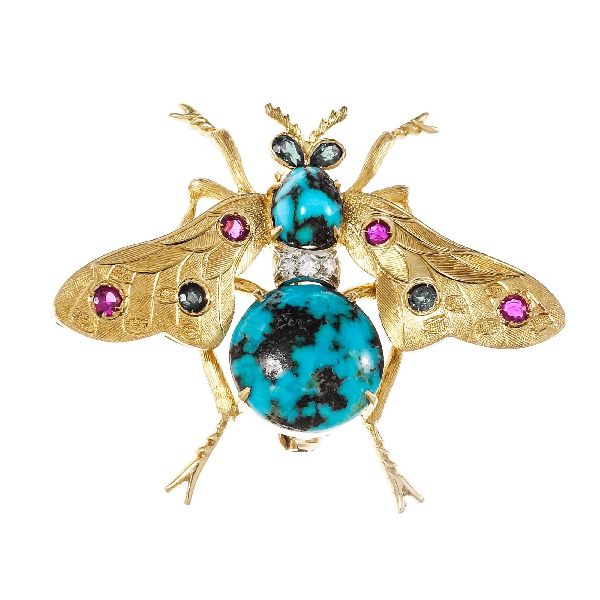 Natural Turquoise Ruby Sapphire Diamond Gold Bee Brooch For Sale