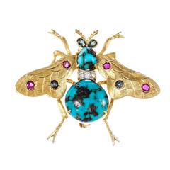 Natural Turquoise Ruby Sapphire Diamond Gold Bee Brooch