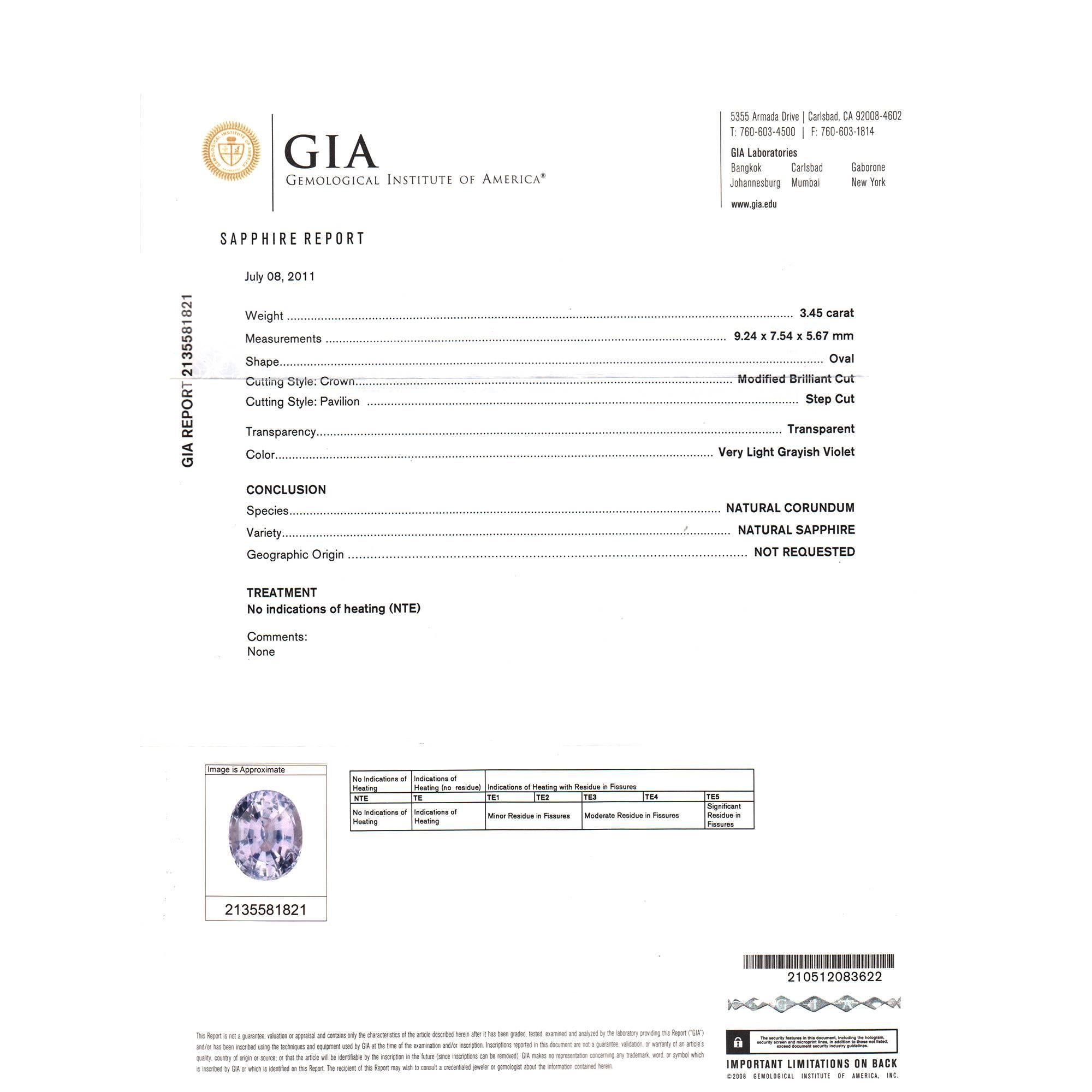 GIA Certified 3.45 Carat Violet Sapphire Diamond Platinum Engagement Ring 4