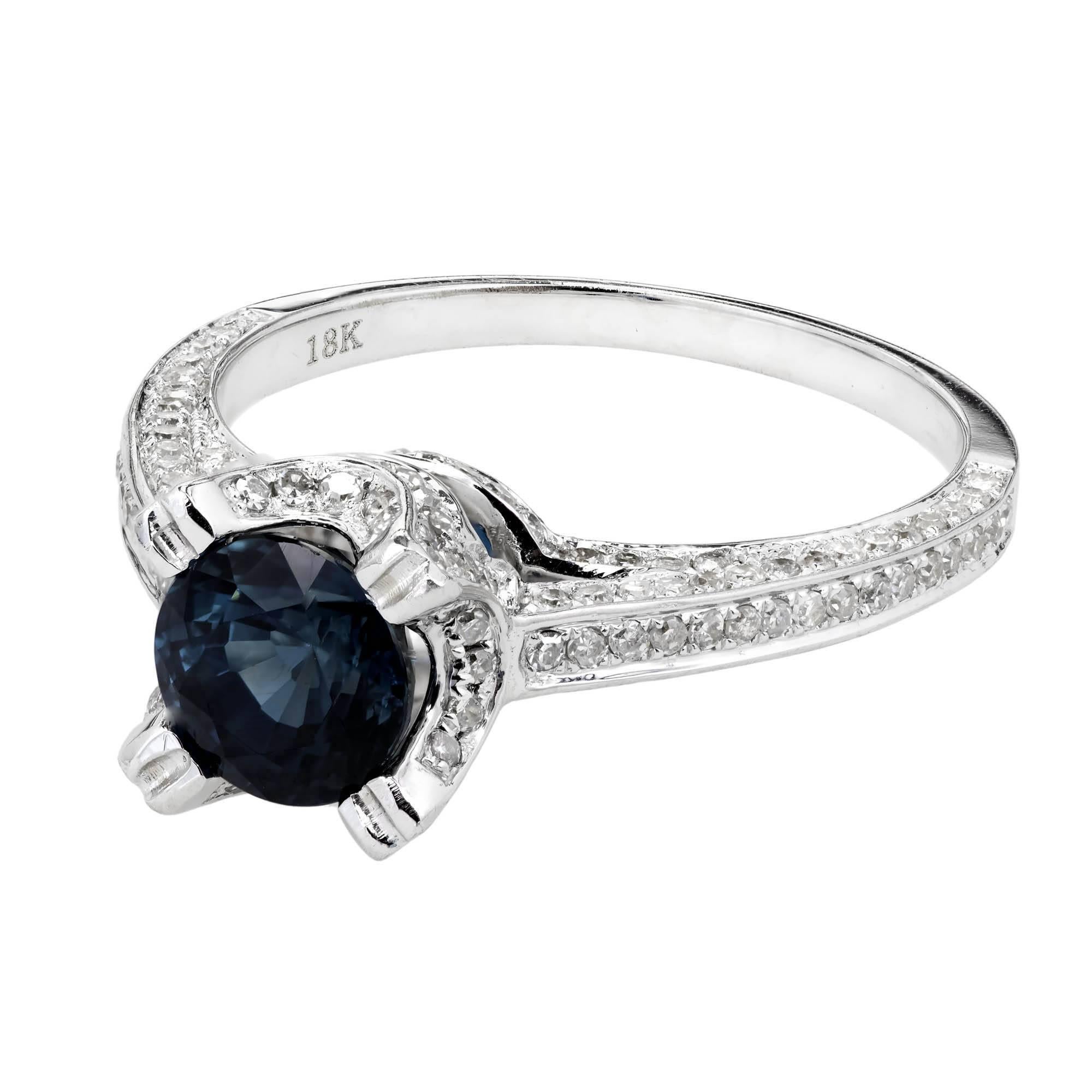 Sapphire and Micro Pavé diamond 18k white gold engagement ring. GIA certificate # 5181238349 certified natural corundum simple heat only, no other enhancement.

1 round sapphire approx. total weight 1.20cts
152 round full cut Diamonds, approx. total
