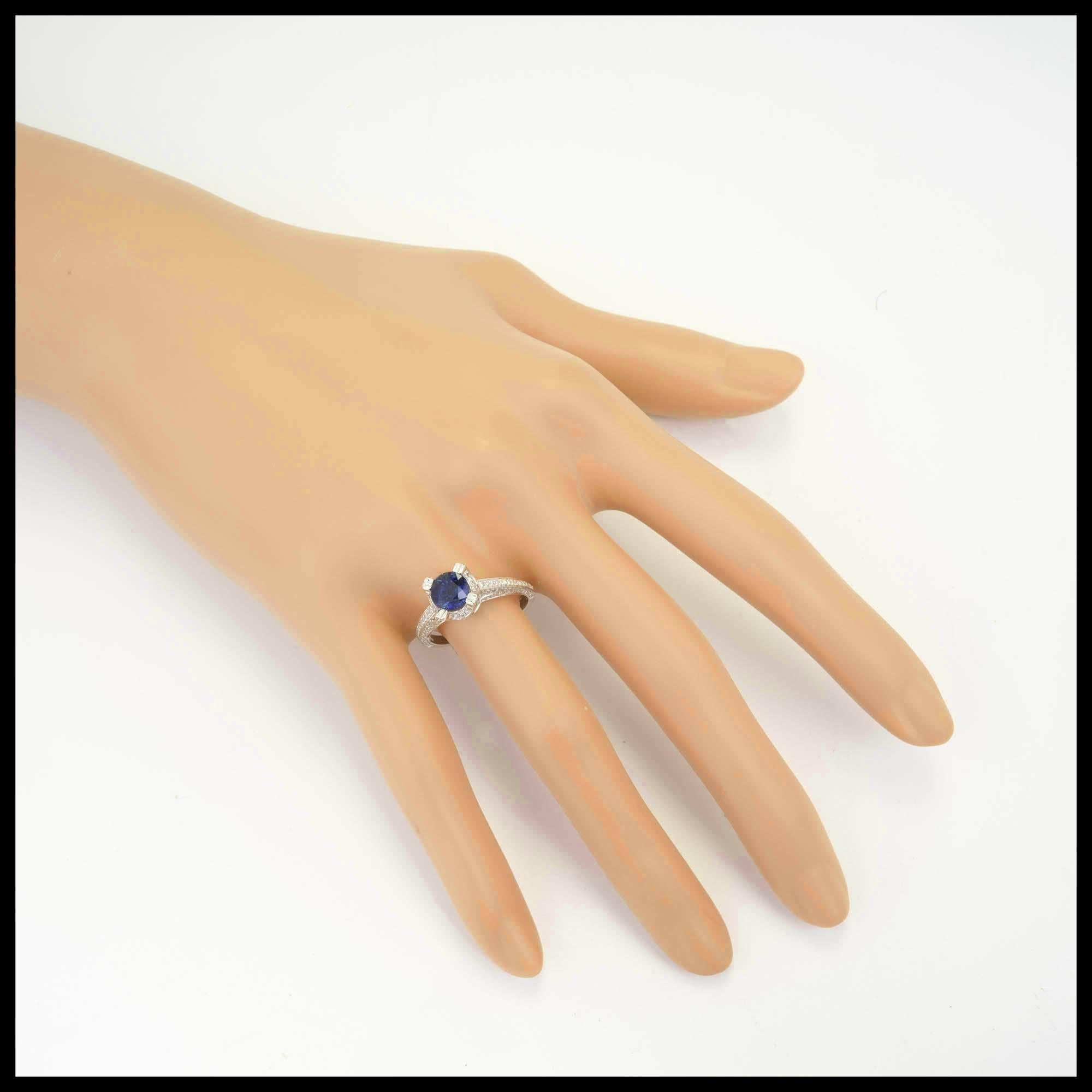Women's 1.20 Carat Round Sapphire Micro Pavé Diamond Gold Engagement Ring For Sale