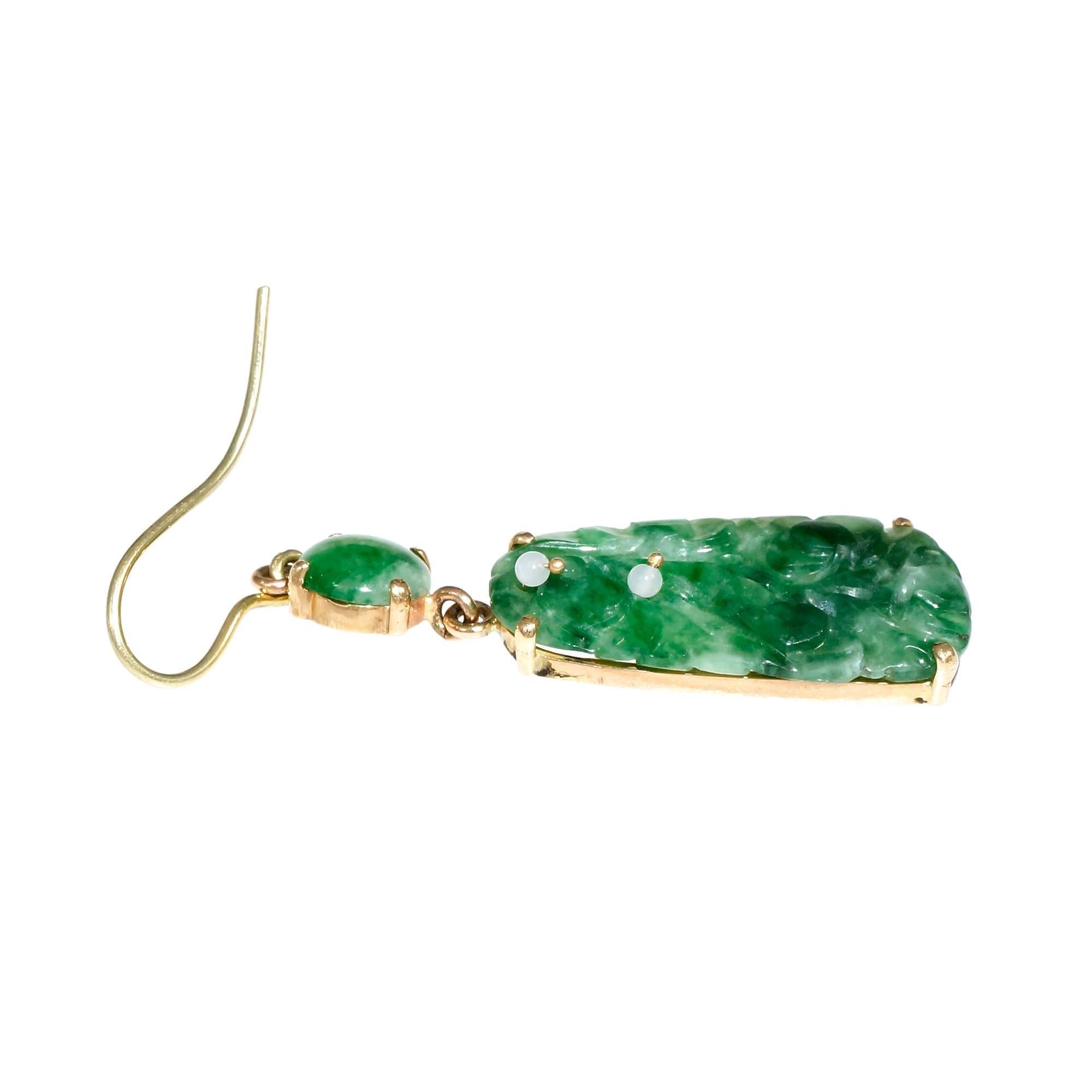 GIA Certified Jadeite Jade Carved Dangle Earrings In Good Condition In Stamford, CT