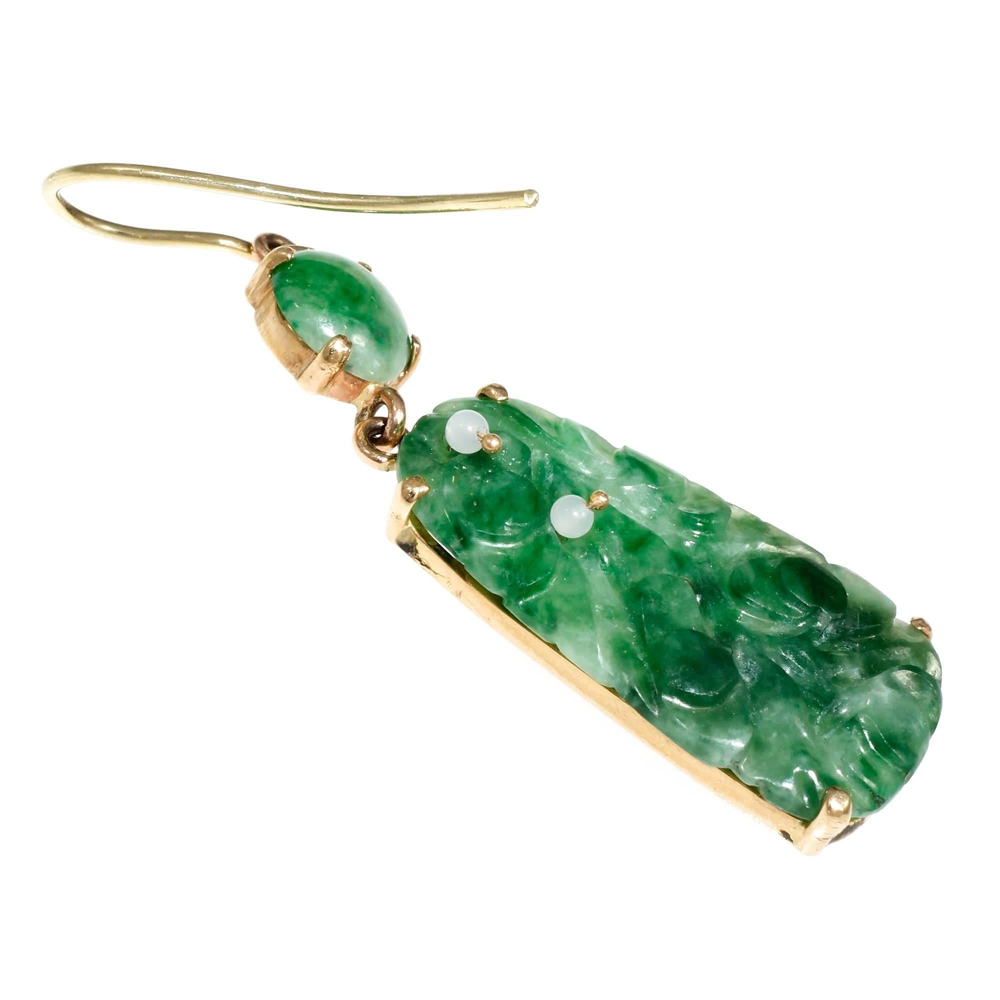 Women's GIA Certified Jadeite Jade Carved Dangle Earrings