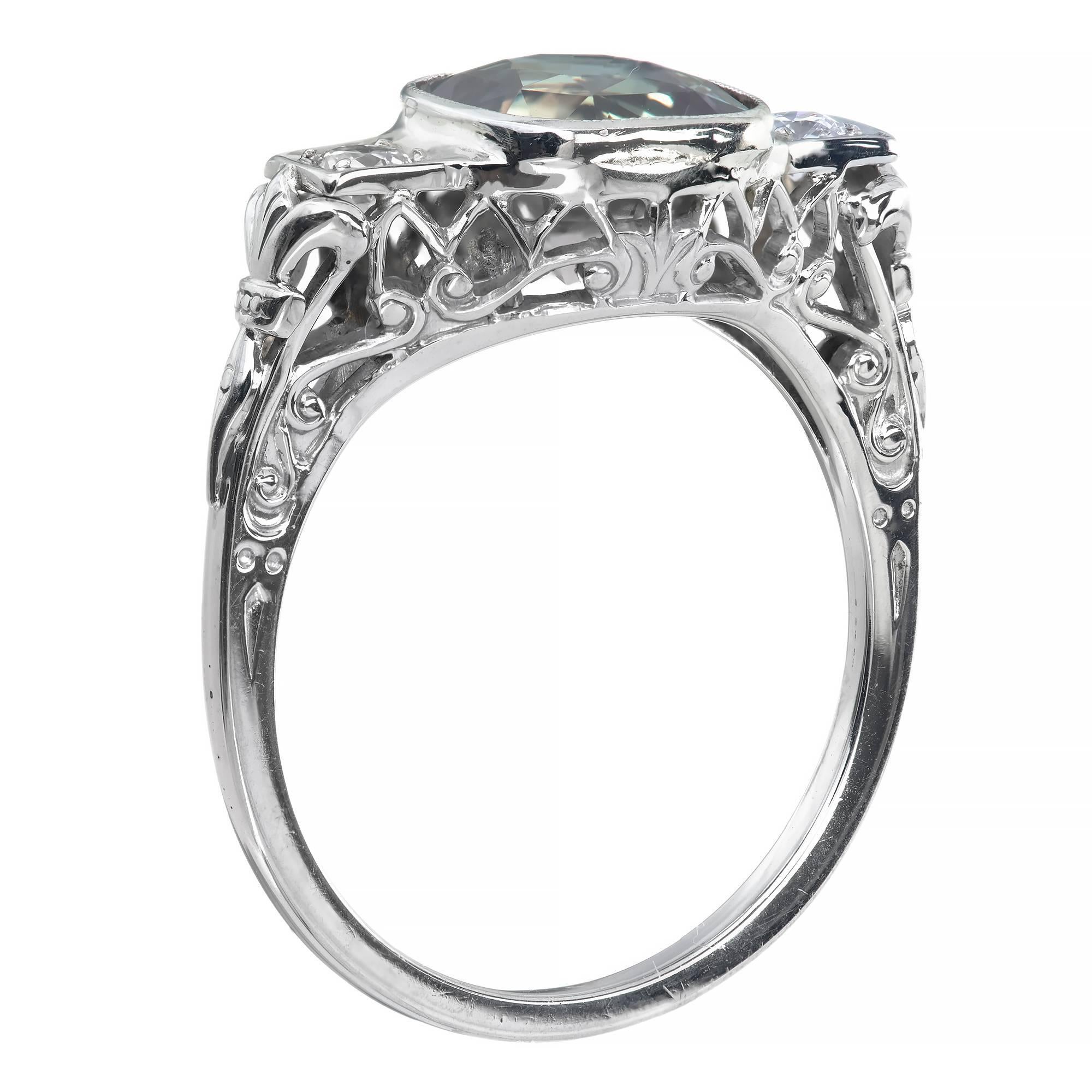 1930s 2.42 Carat Alexandrite Diamond Gold Platinum Filigree Engagement Ring 2