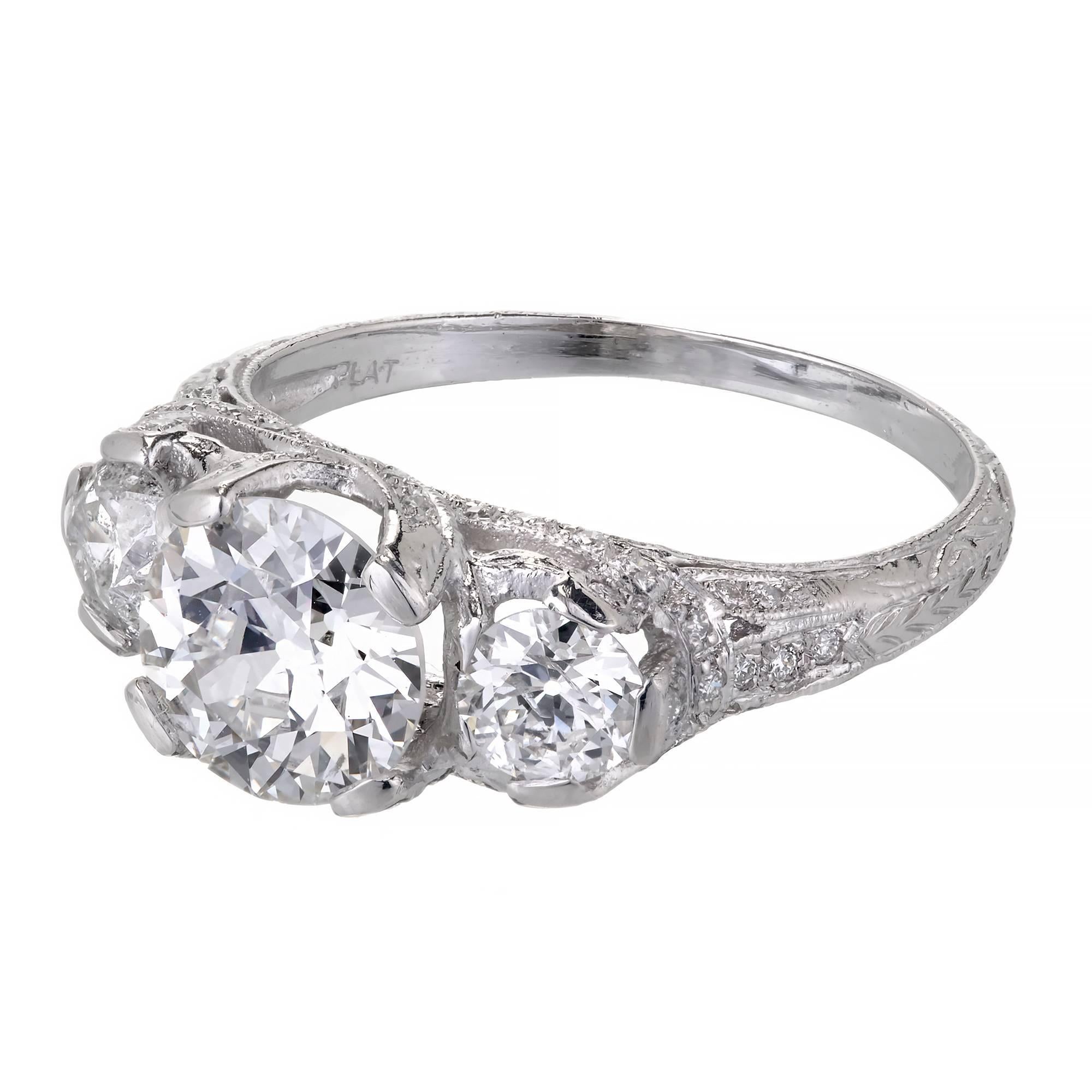 Old European Cut Peter Suchy 1.58 Carat Diamond Three-Stone Platinum Engagement Ring For Sale
