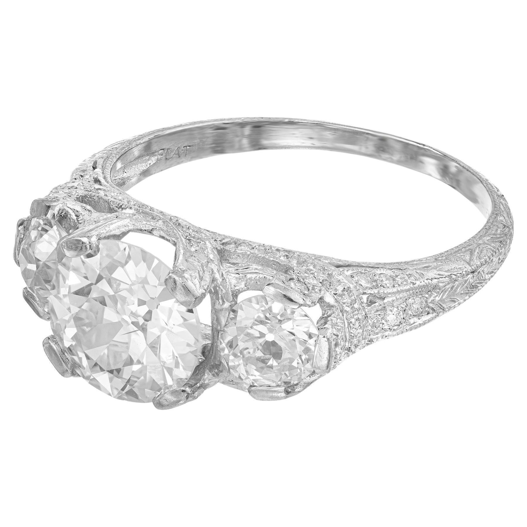 Peter Suchy GIA 1.58 Carat Old Euro Diamond Three-Stone Platinum Engagement Ring