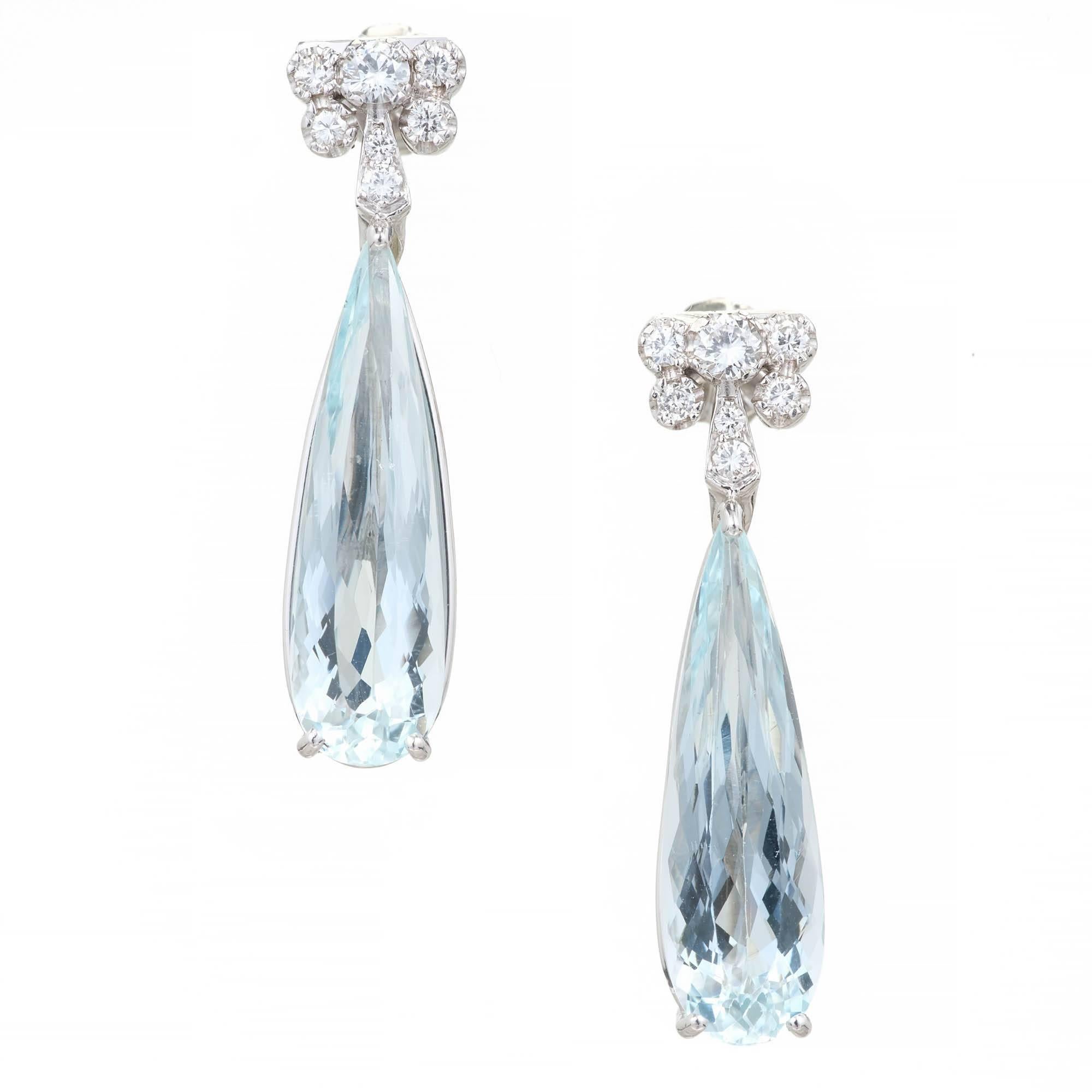 9.39 Carat Natural Pear Aqua Diamond Dangle Platinum Earrings
