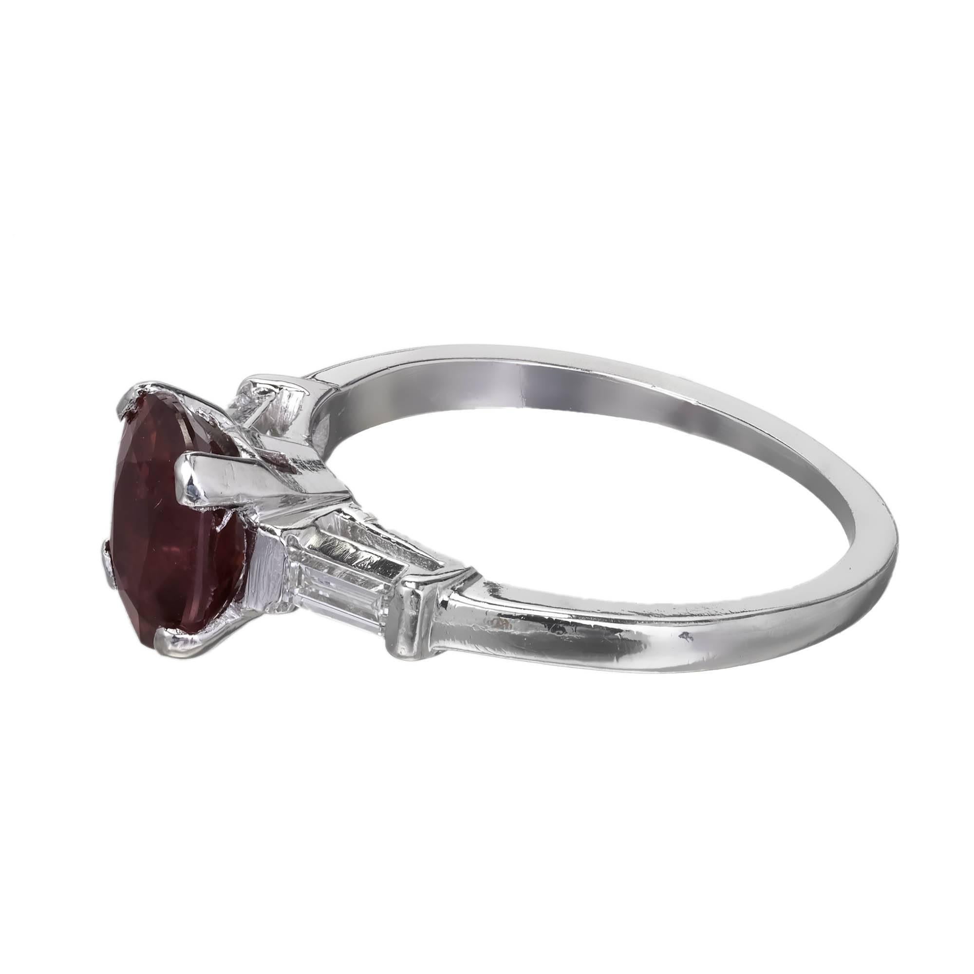 Baguette Cut Mid-Century 1.63 Carat Ruby Diamond Three-Stone Platinum Engagement Ring