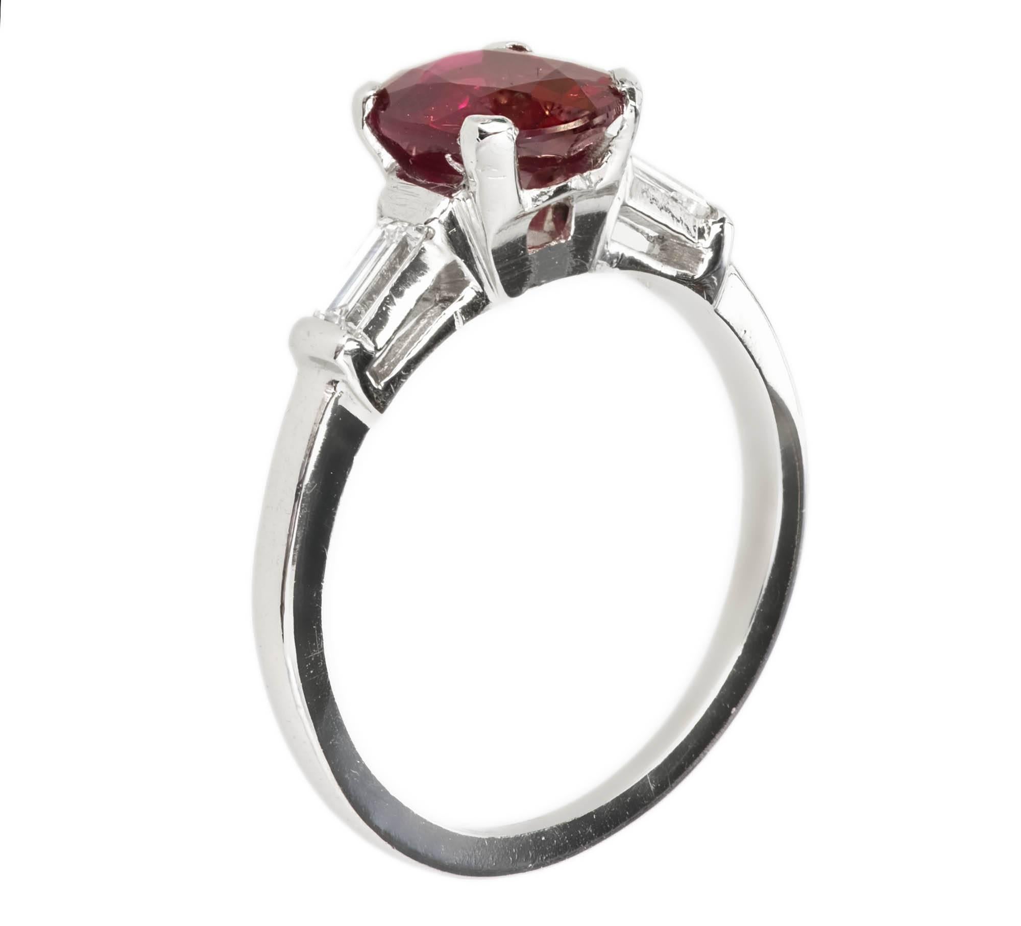 Women's Mid-Century 1.63 Carat Ruby Diamond Three-Stone Platinum Engagement Ring