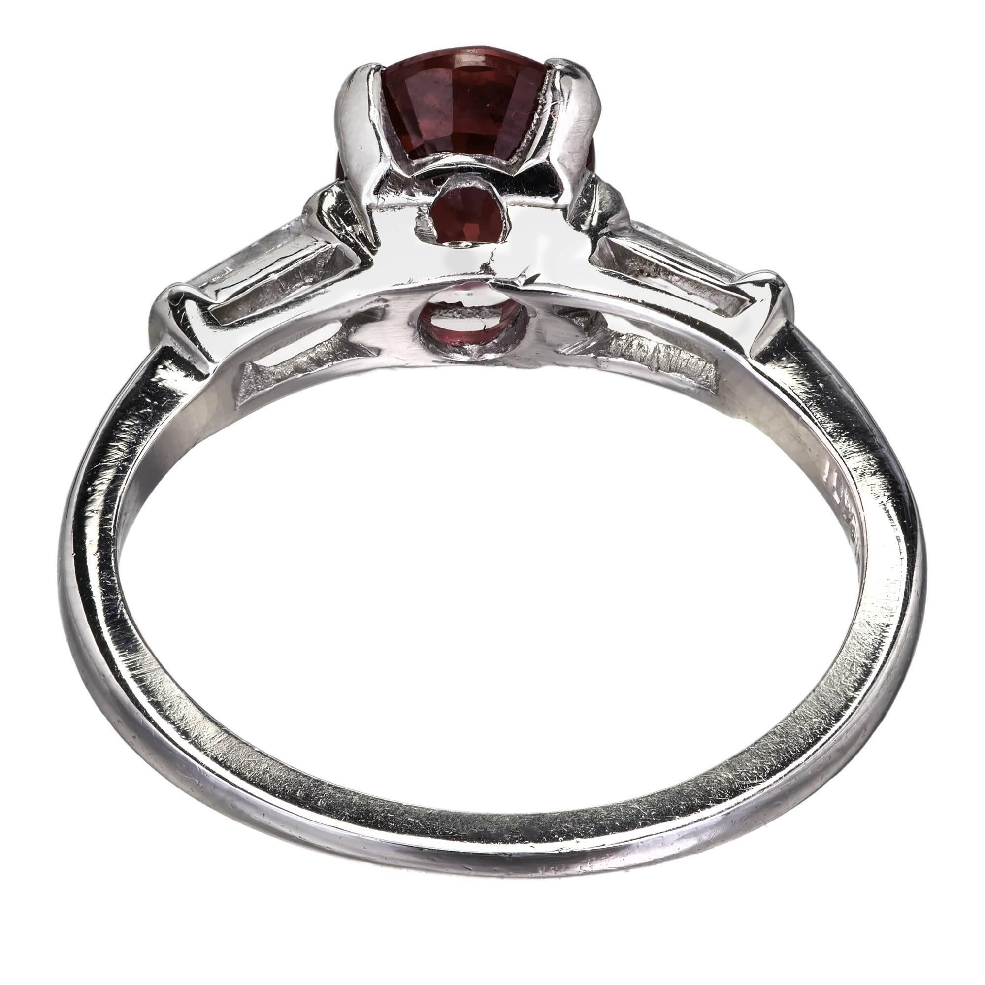 Mid-Century 1.63 Carat Ruby Diamond Three-Stone Platinum Engagement Ring In Good Condition In Stamford, CT