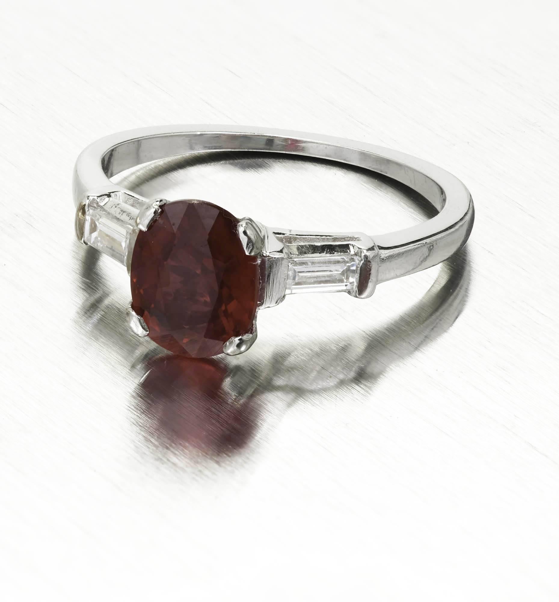 Mid-Century 1.63 Carat Ruby Diamond Three-Stone Platinum Engagement Ring 3