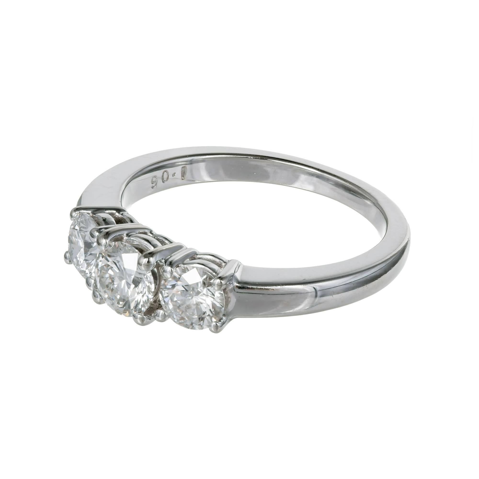 MWI  3 stone diamond engagement ring. 3 Ideal cut bright diamonds. 1.06ct total, in a 18k white gold setting

1 round brilliant diamond, approx. total weight .48cts, F to G, SI2, 4.85 x 4.83 x 3.01mm, Depth: 62%, Table: 60%, EGL certificate # US