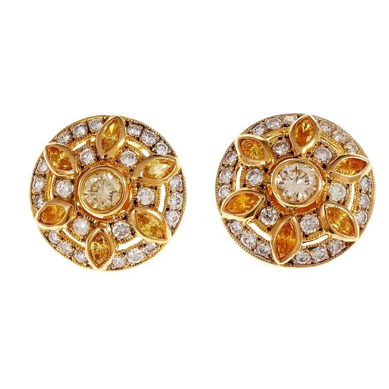 Button Style Yellow Diamond Gold Cluster Earrings