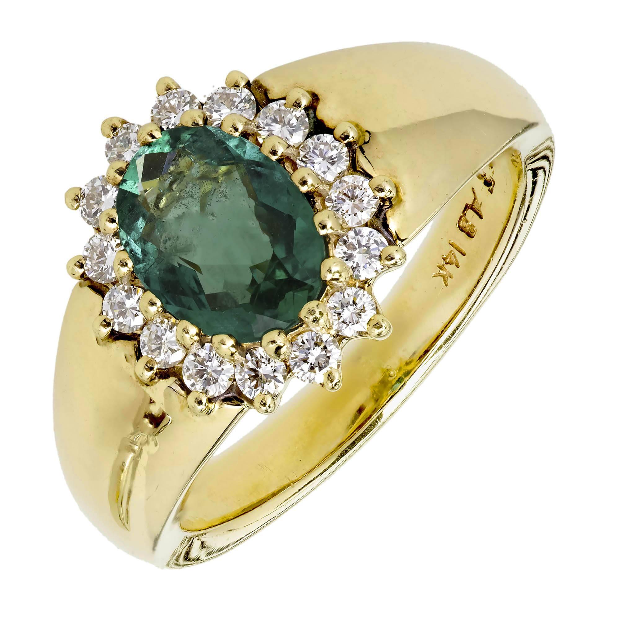 Alfred Butler 1.24 Carat Oval Emerald Diamond Halo Gold Engagement Ring For Sale