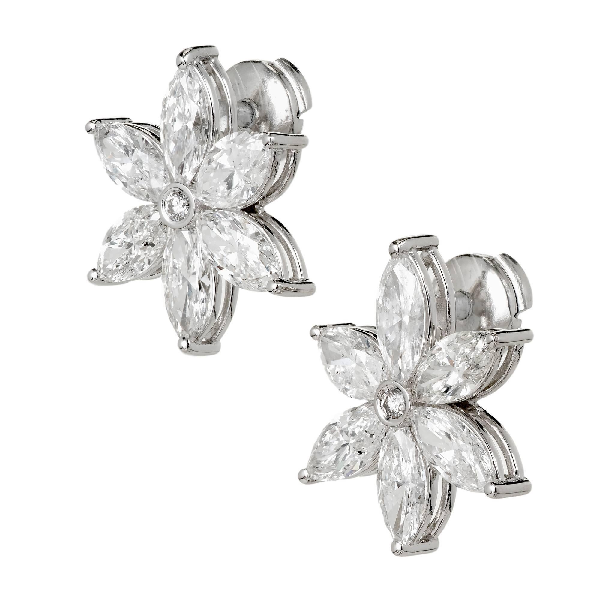 Peter Suchy Jewelers 6.41ct Marquise Diamond Platinum earrings. Bright sparkly fine white F color Diamonds. Handmade Platinum settings. La Pousette safety backs.

12 Marquise Diamonds, approx. total weight 6.41cts, SI1 – I 1
2 round Diamonds,