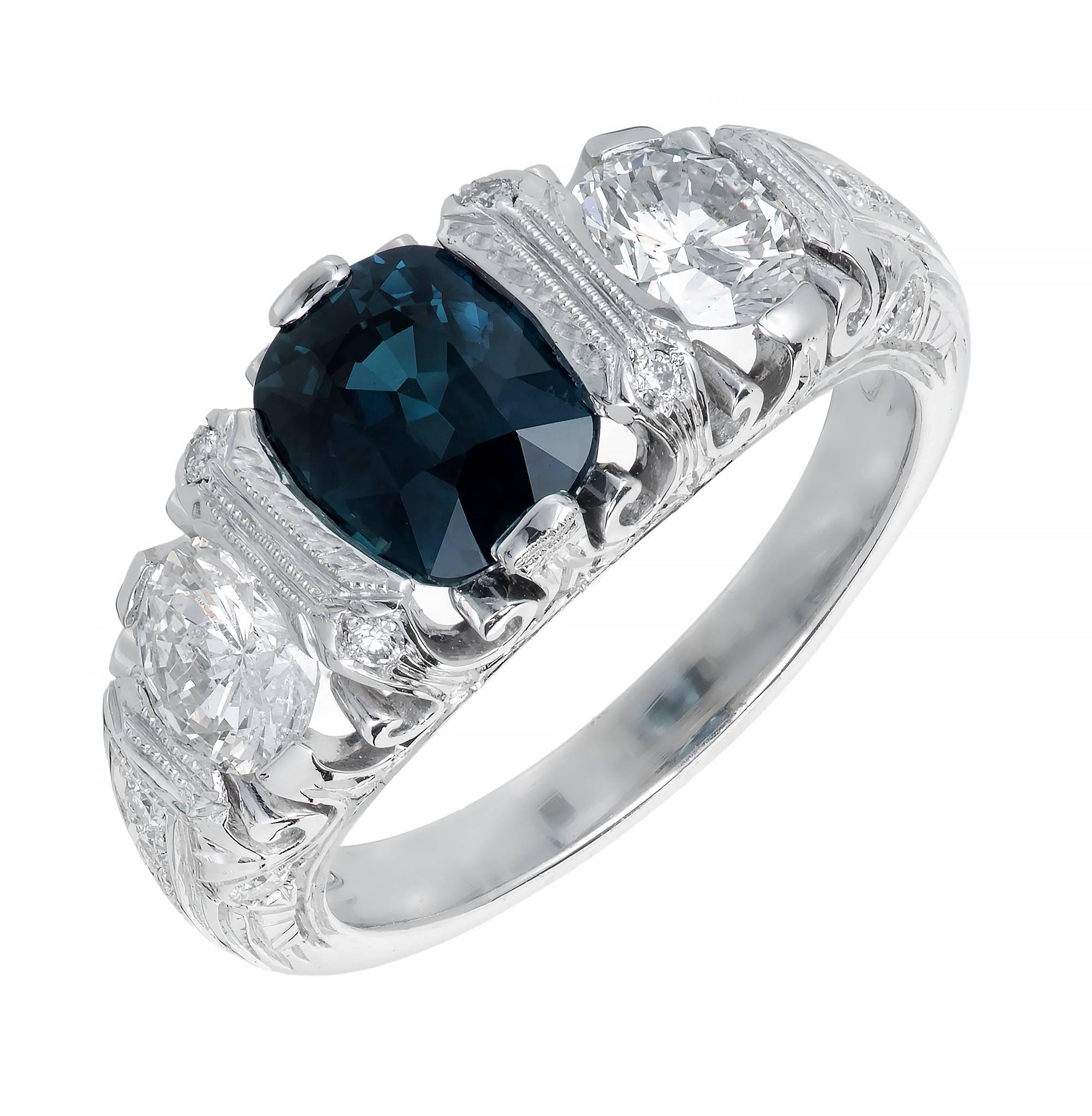 Cushion Cut Peter Suchy Natural Sapphire Diamond Platinum Engagement Ring
