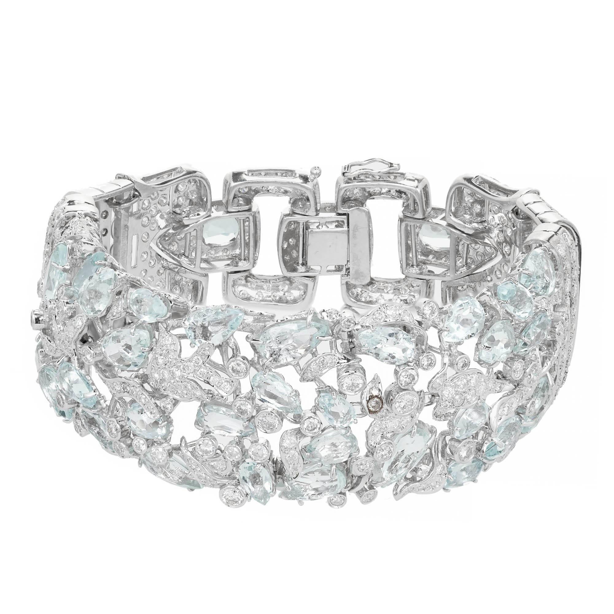 43.62 Carat Aquamarine Diamond White Gold Wide Bracelet