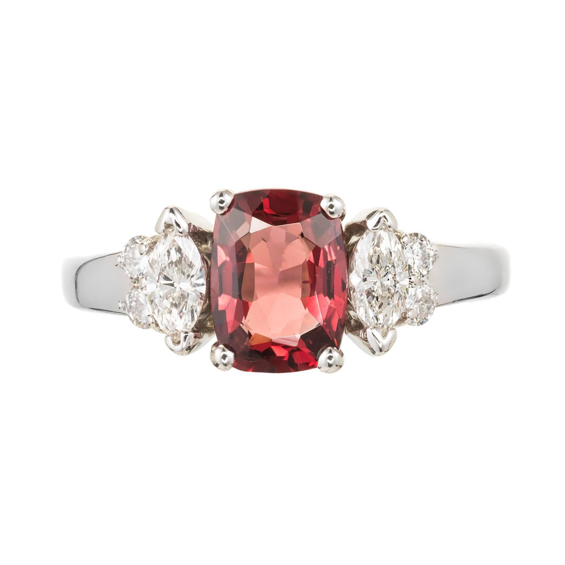 Dana 1.39 Carat Orange Red Spinel Diamond Gold Three-Stone Engagement Ring For Sale