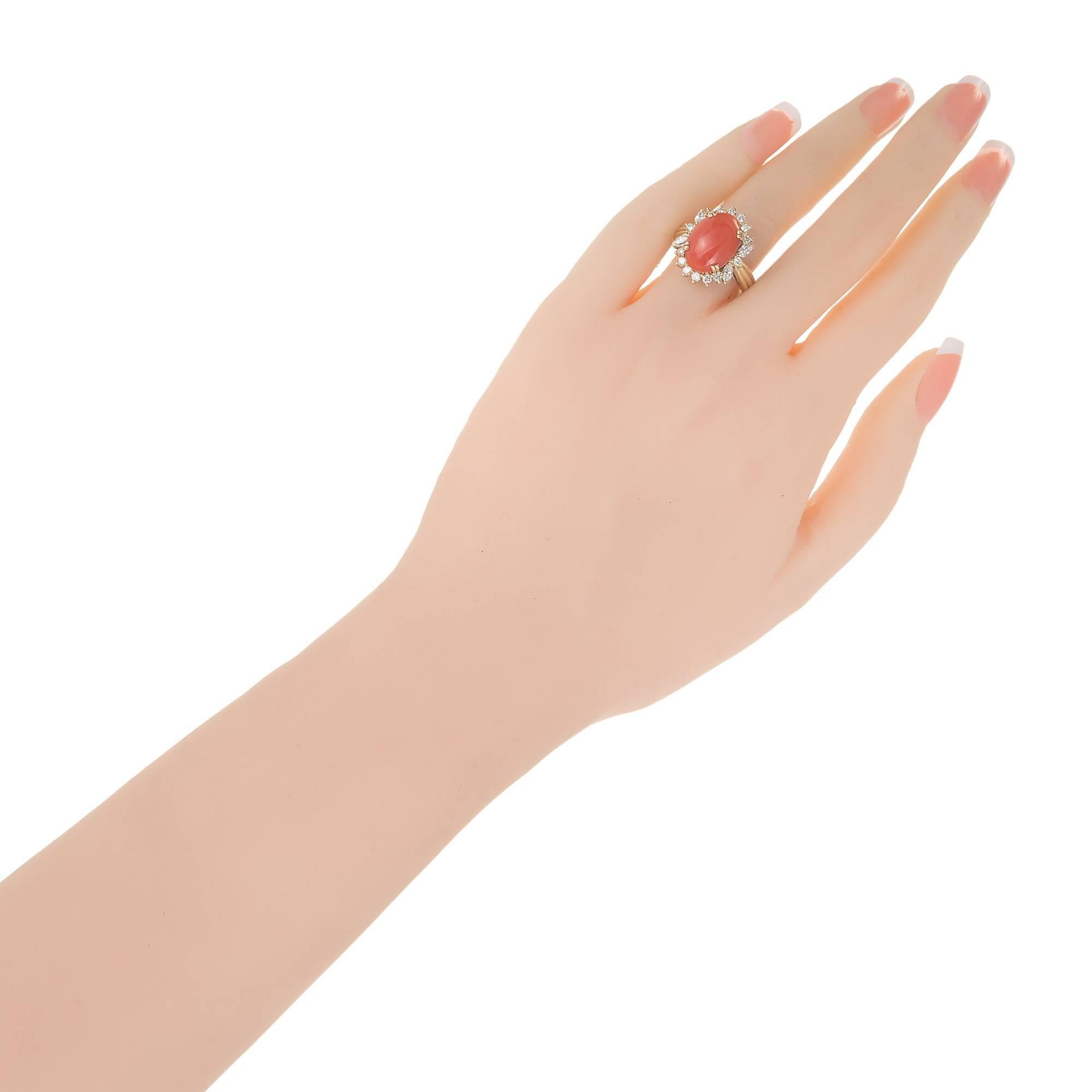 Oval Cut GIA Certified Natural Orange Coral Diamond Halo Gold Cocktail Ring