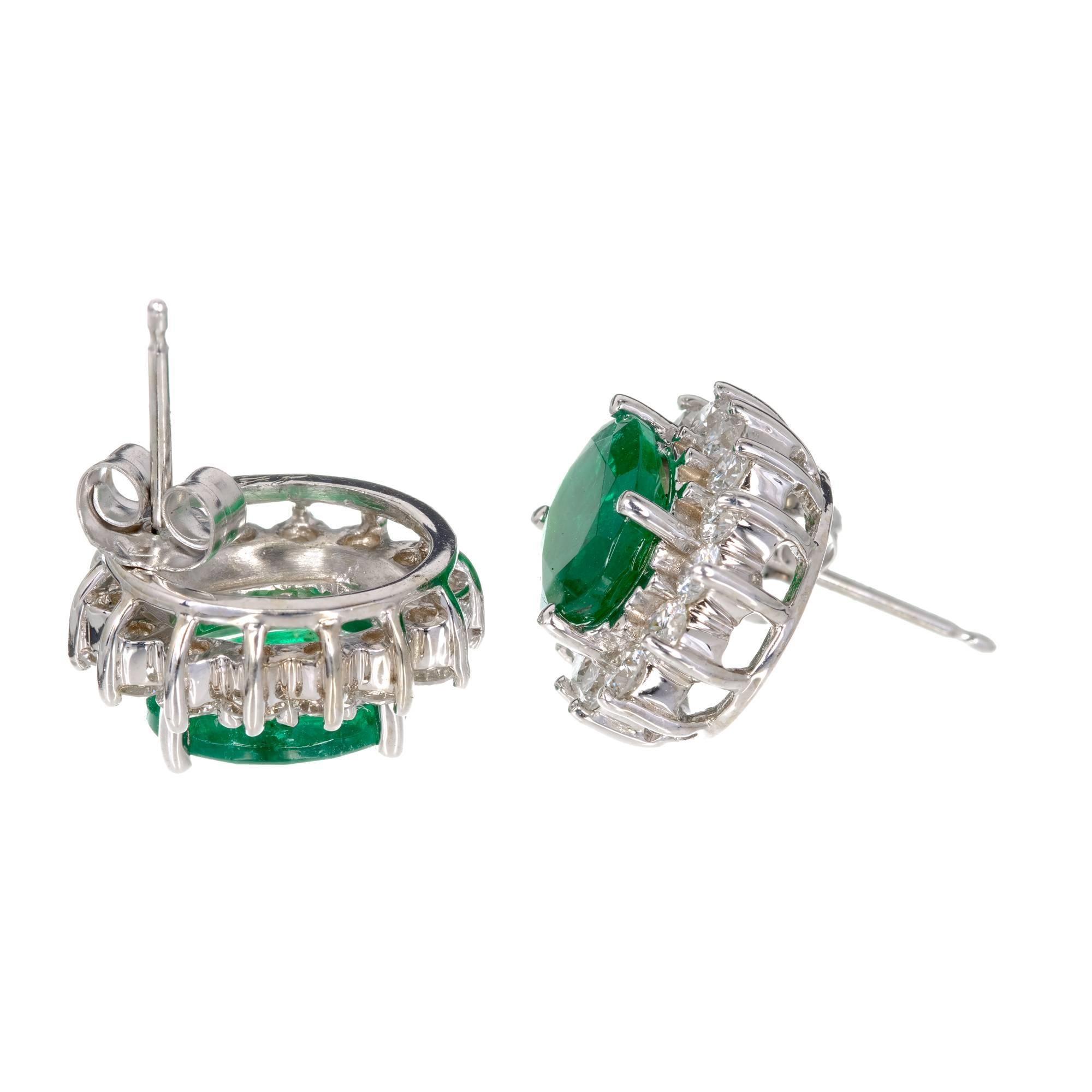 Women's GIA Certified 3.25 Carat Oval Green Emerald Diamond Halo Gold Stud Earrings
