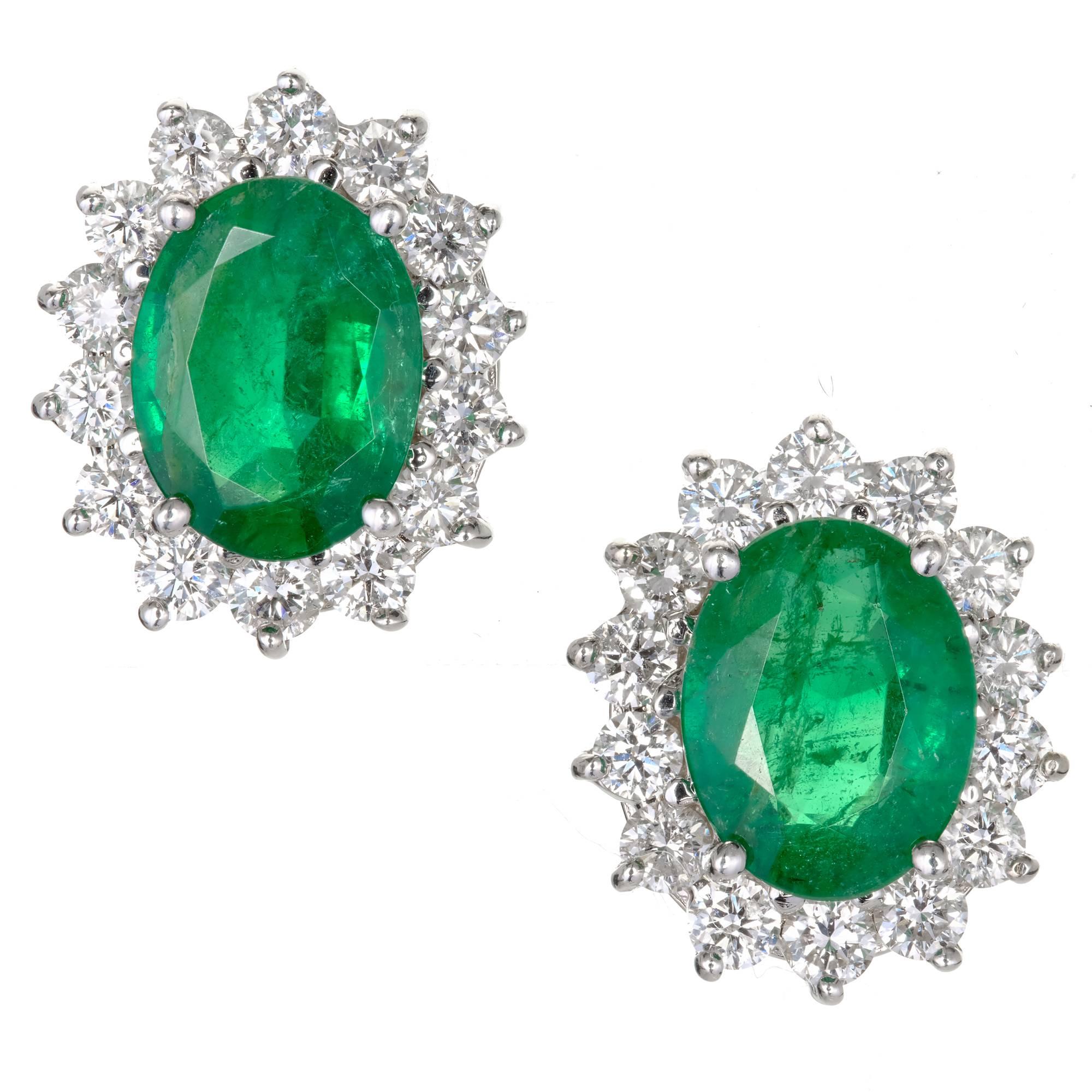 GIA Certified 3.25 Carat Oval Green Emerald Diamond Halo Gold Stud Earrings