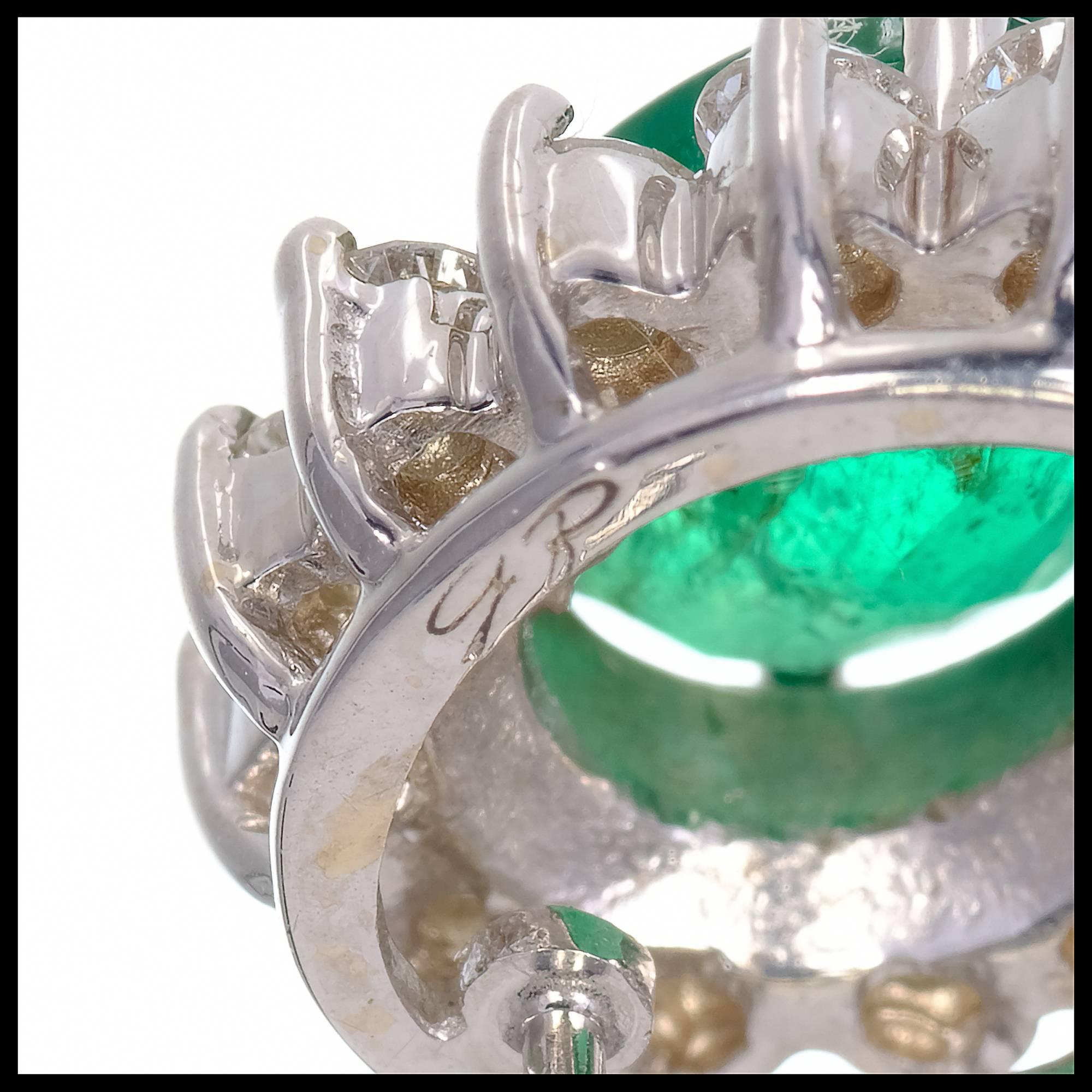 GIA Certified 3.25 Carat Oval Green Emerald Diamond Halo Gold Stud Earrings 2