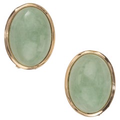 GIA Certified 22.00 Carat Oval Cabochon Jade 14k Yellow Gold Clip Post Earrings