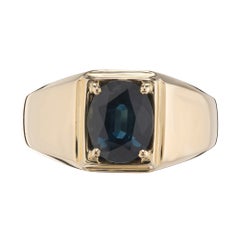 Bague pour homme en or jaune 14 carats, sertie d'un saphir bleu verdâtre de 1,90 carat certifié par le GIA