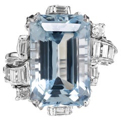 22.5 Carat Rectangular Aquamarine Diamond 14k White Gold Cocktail Ring