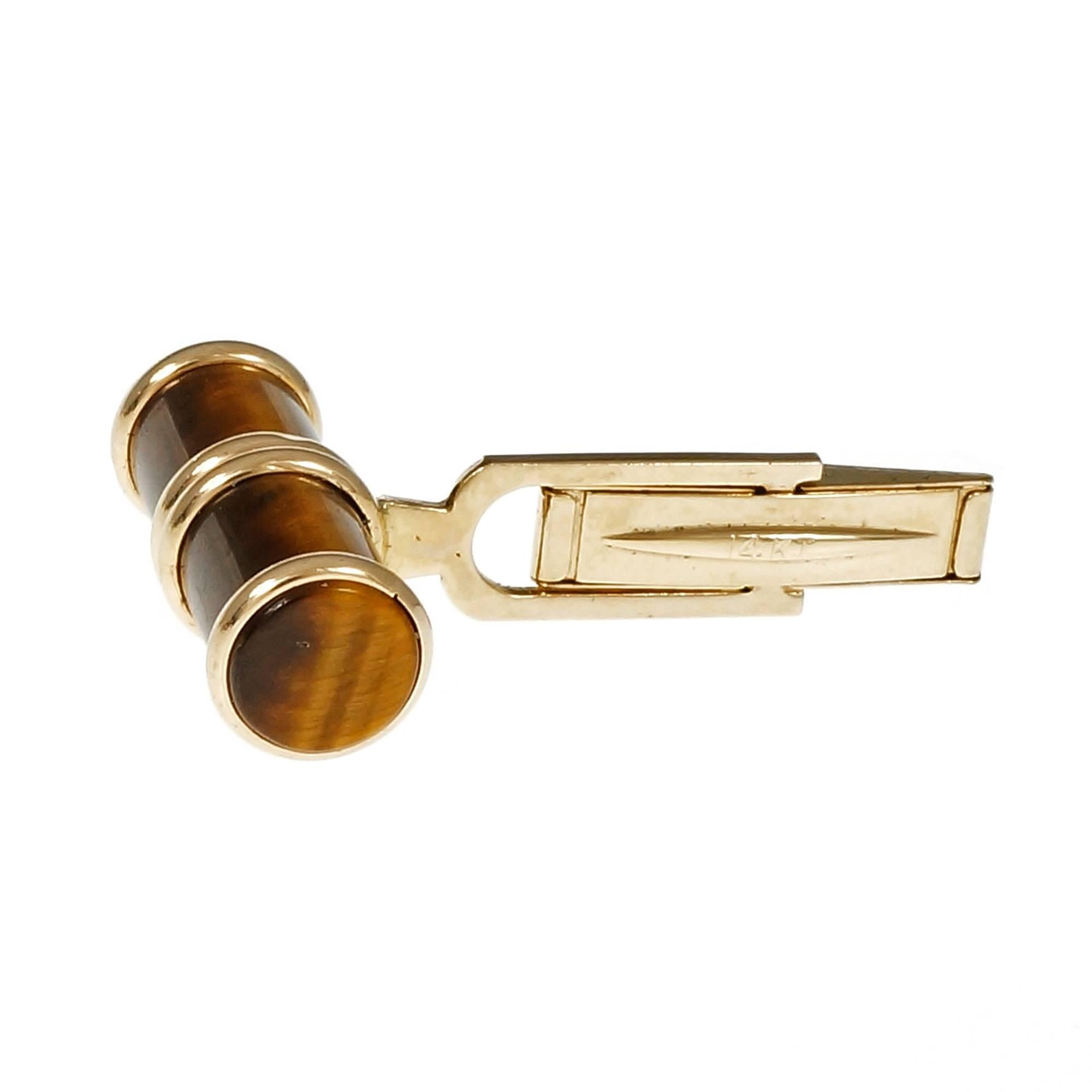 Natural Tiger Eye Cylinder Gold Cufflinks In Good Condition In Stamford, CT