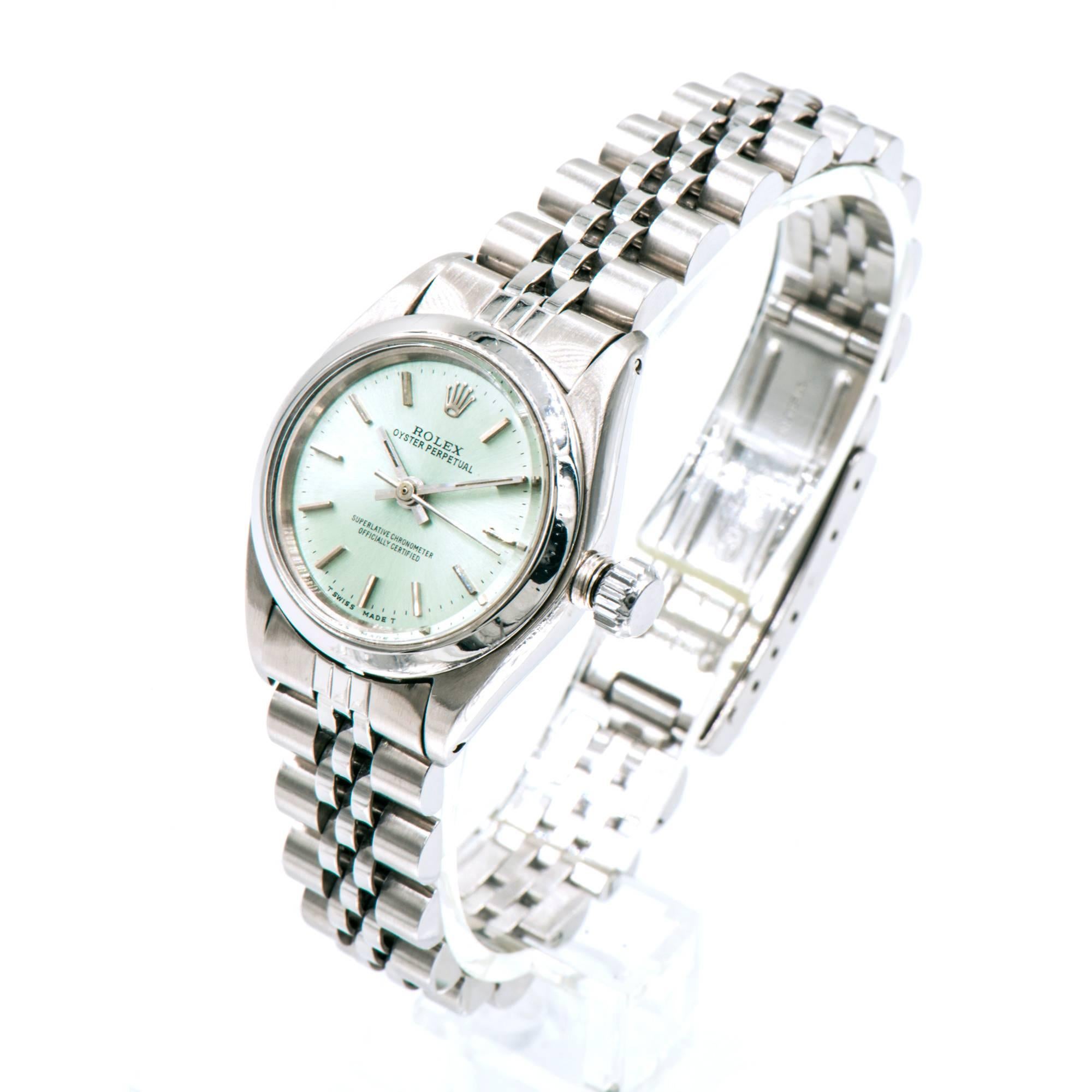 Rolex Ladies Stainless Steel Oyster Perpetual Custom Colored Dial Wristwatch In Good Condition In Stamford, CT