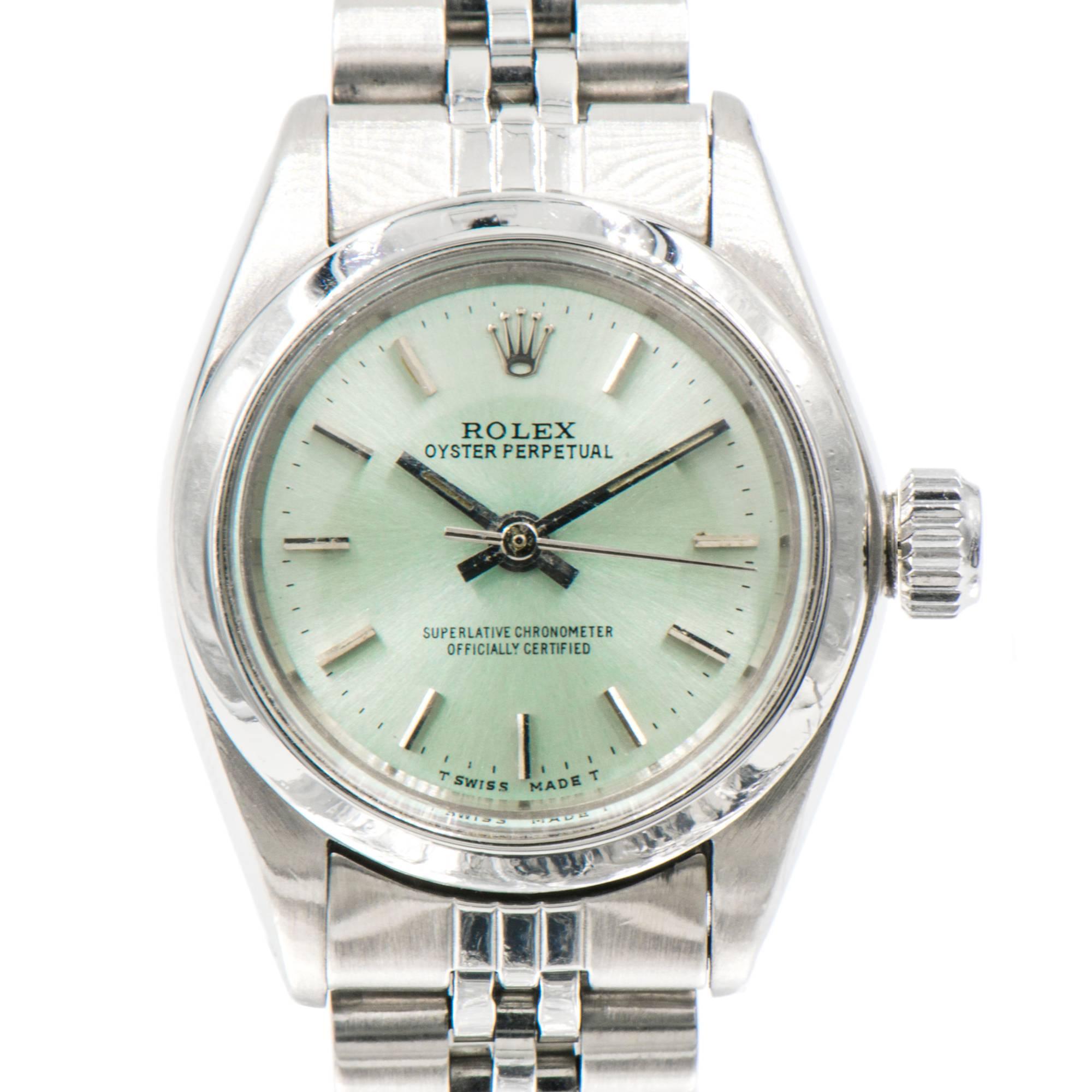 Rolex Ladies Stainless Steel Oyster Perpetual Custom Colored Dial Wristwatch